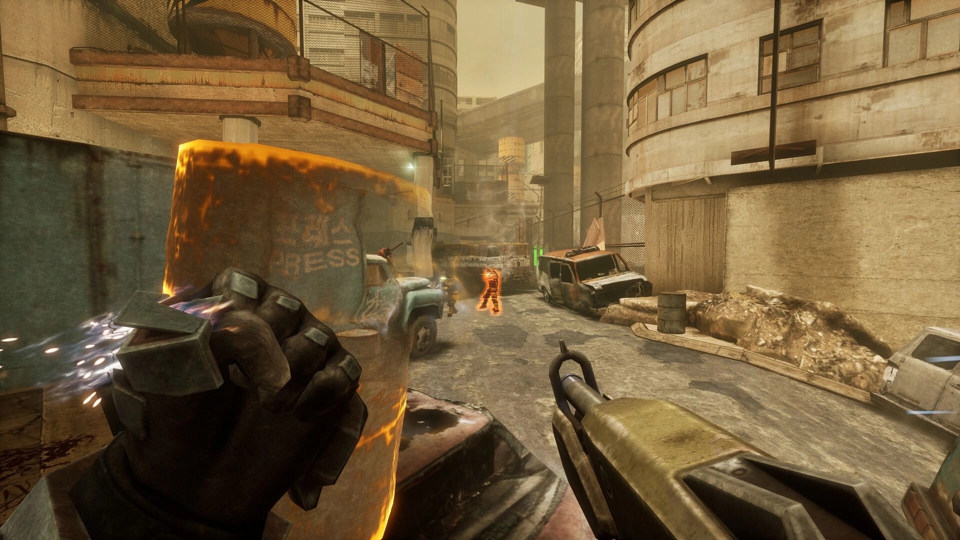 SPRAWL zero: First-person firefight behind a glowing shield in a grimy alley with wrecked vans.