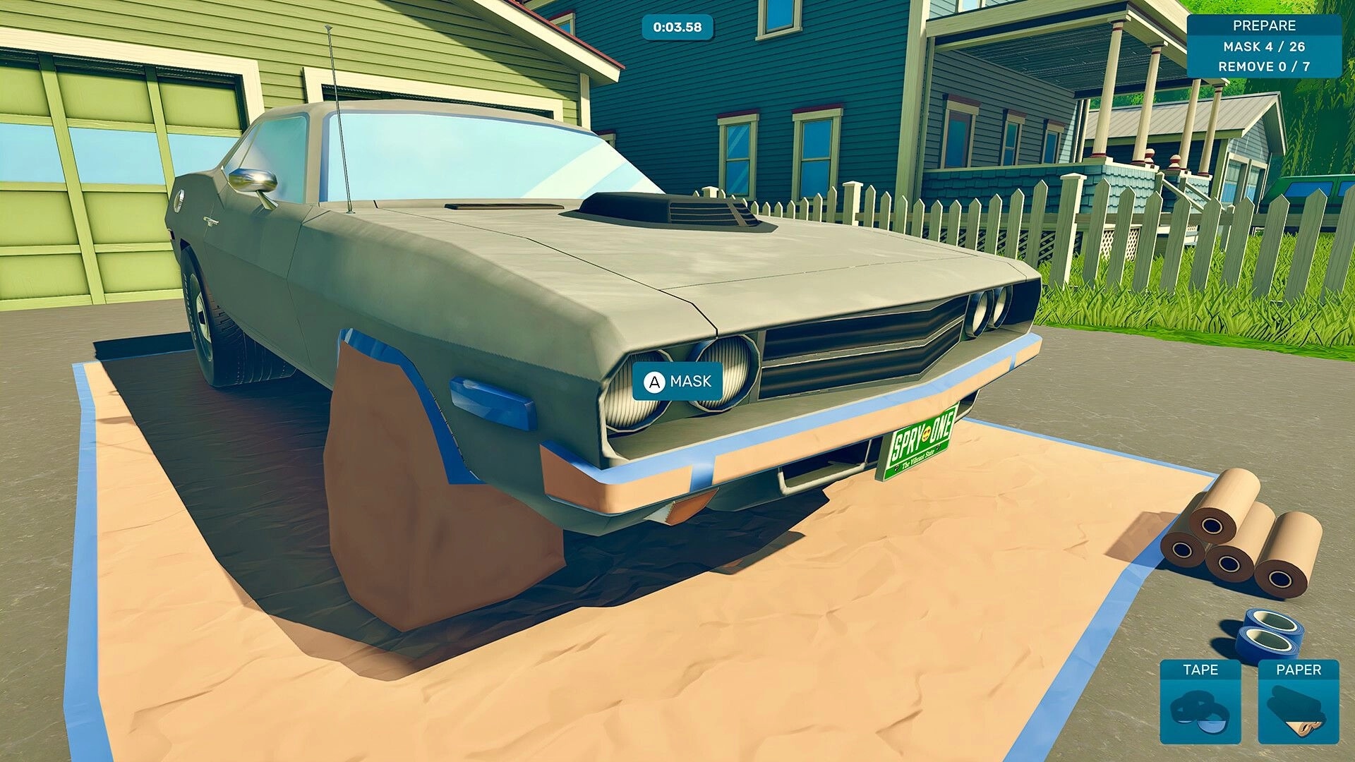 Spray Paint Simulator: Car masking in a suburban driveway with tools and timer visible