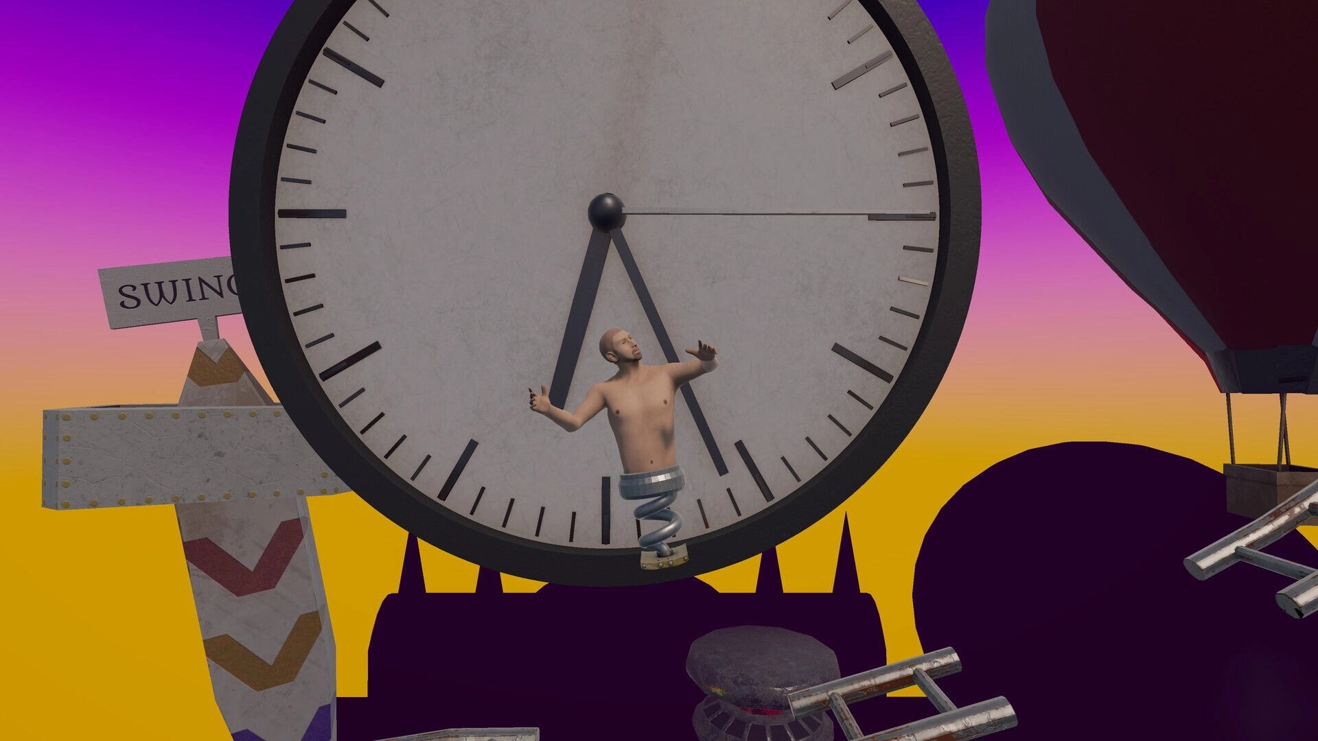 Spring Me Up: Character with spring legs balances on giant clock against a vibrant sunset backdrop