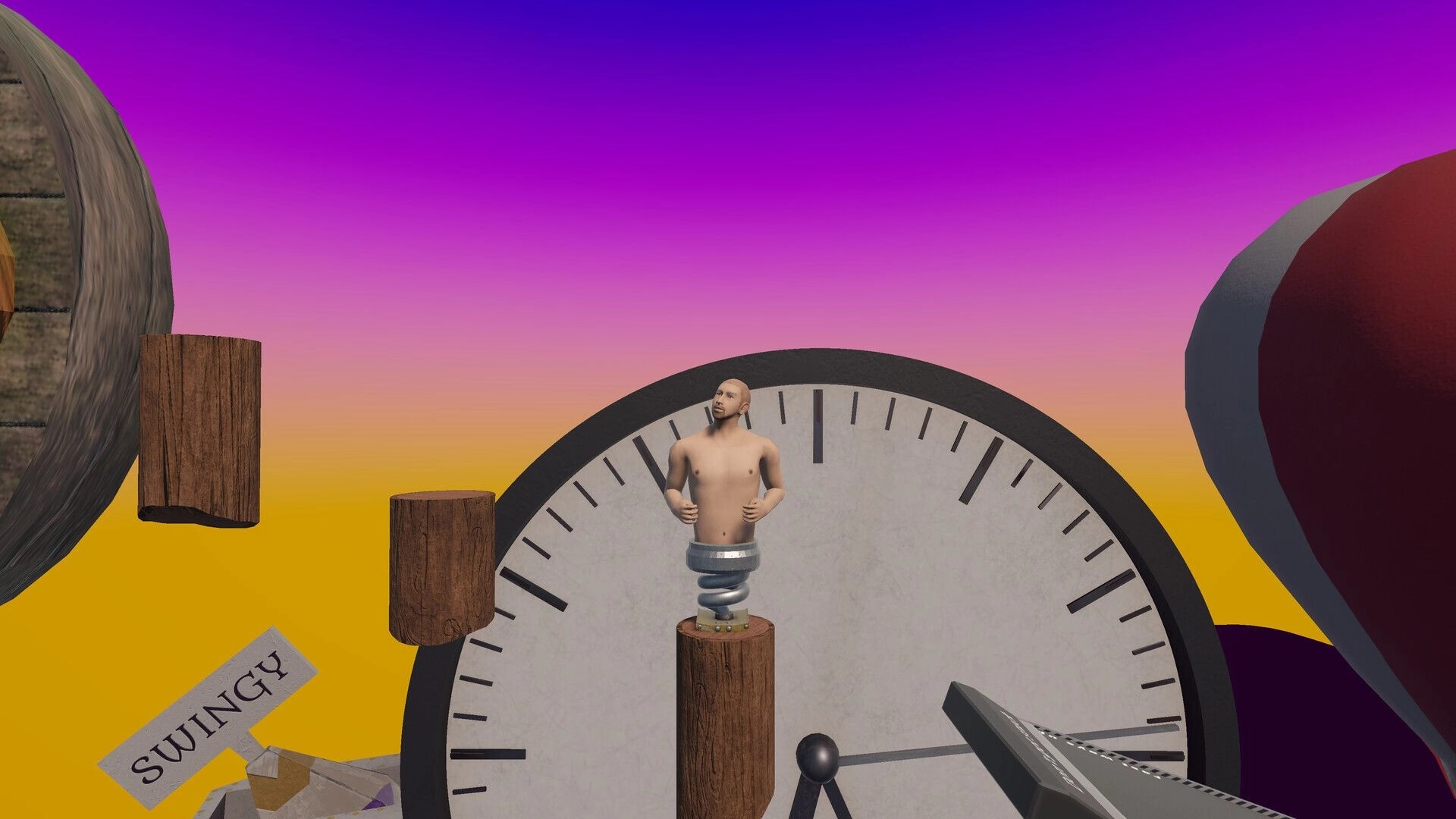 Spring Me Up: Character on spring atop clock platform in vibrant sky setting with wooden logs nearby