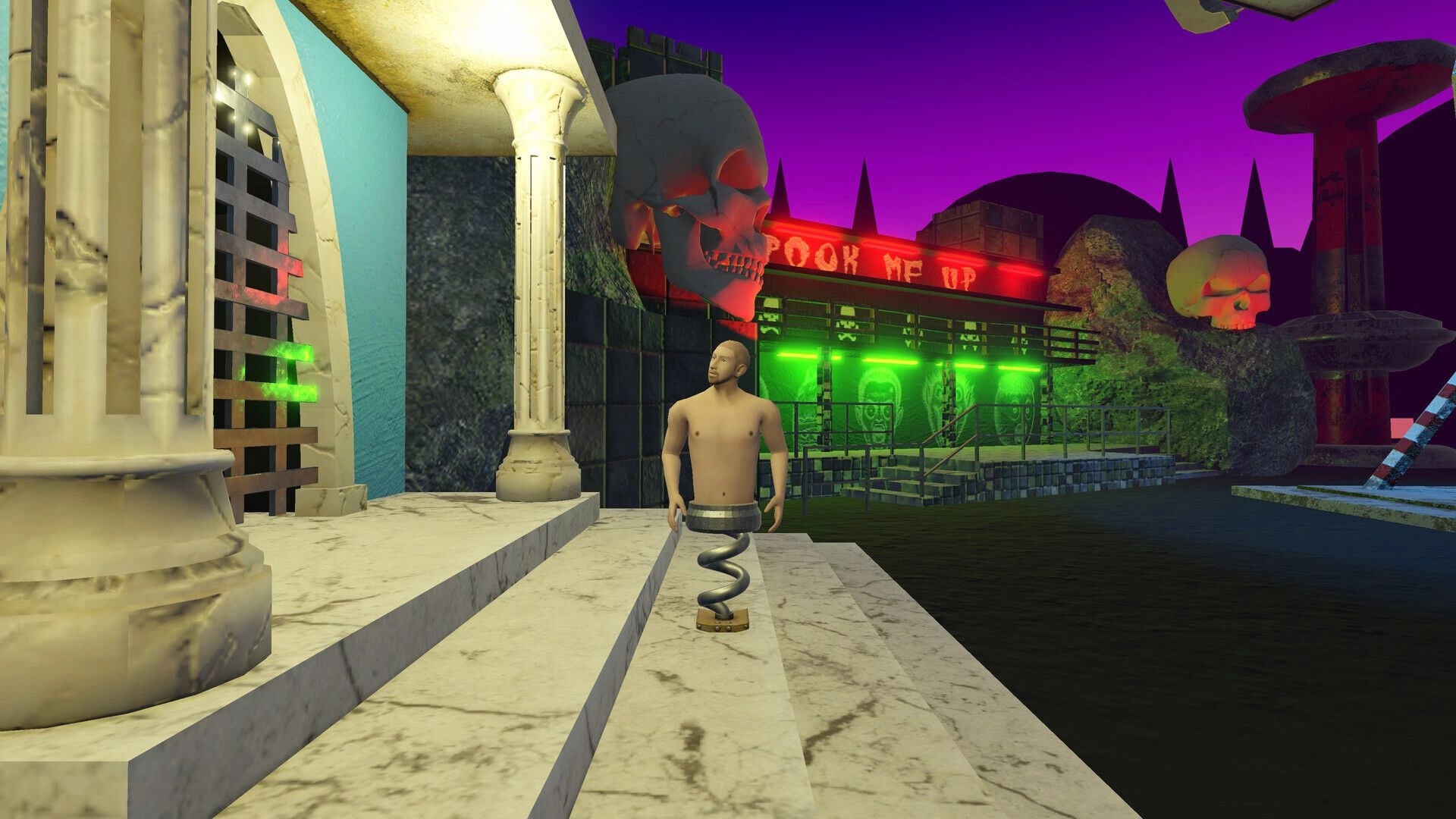 Spring Me Up: Character with spring legs on marble steps near neon-lit skull-themed building