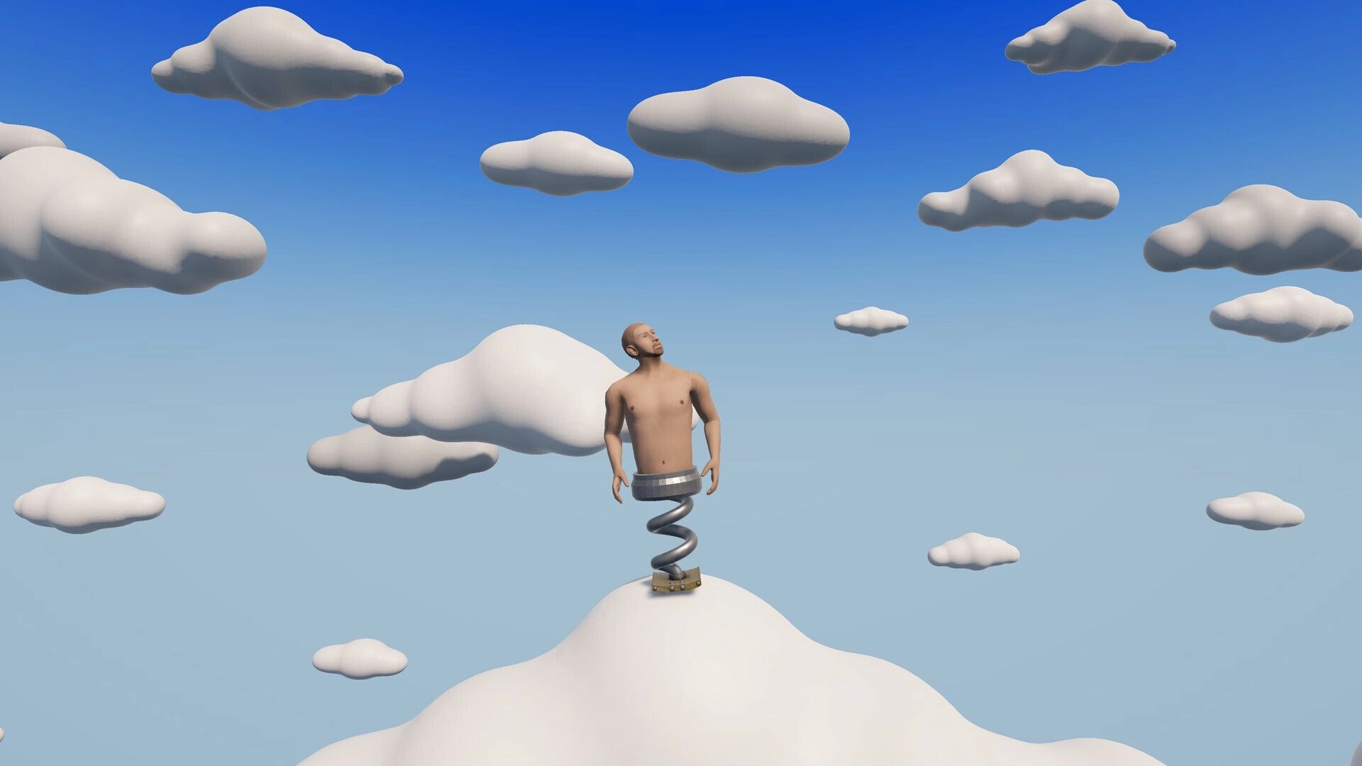 Spring Me Up: Character on spring platform among clouds in bright blue sky environment