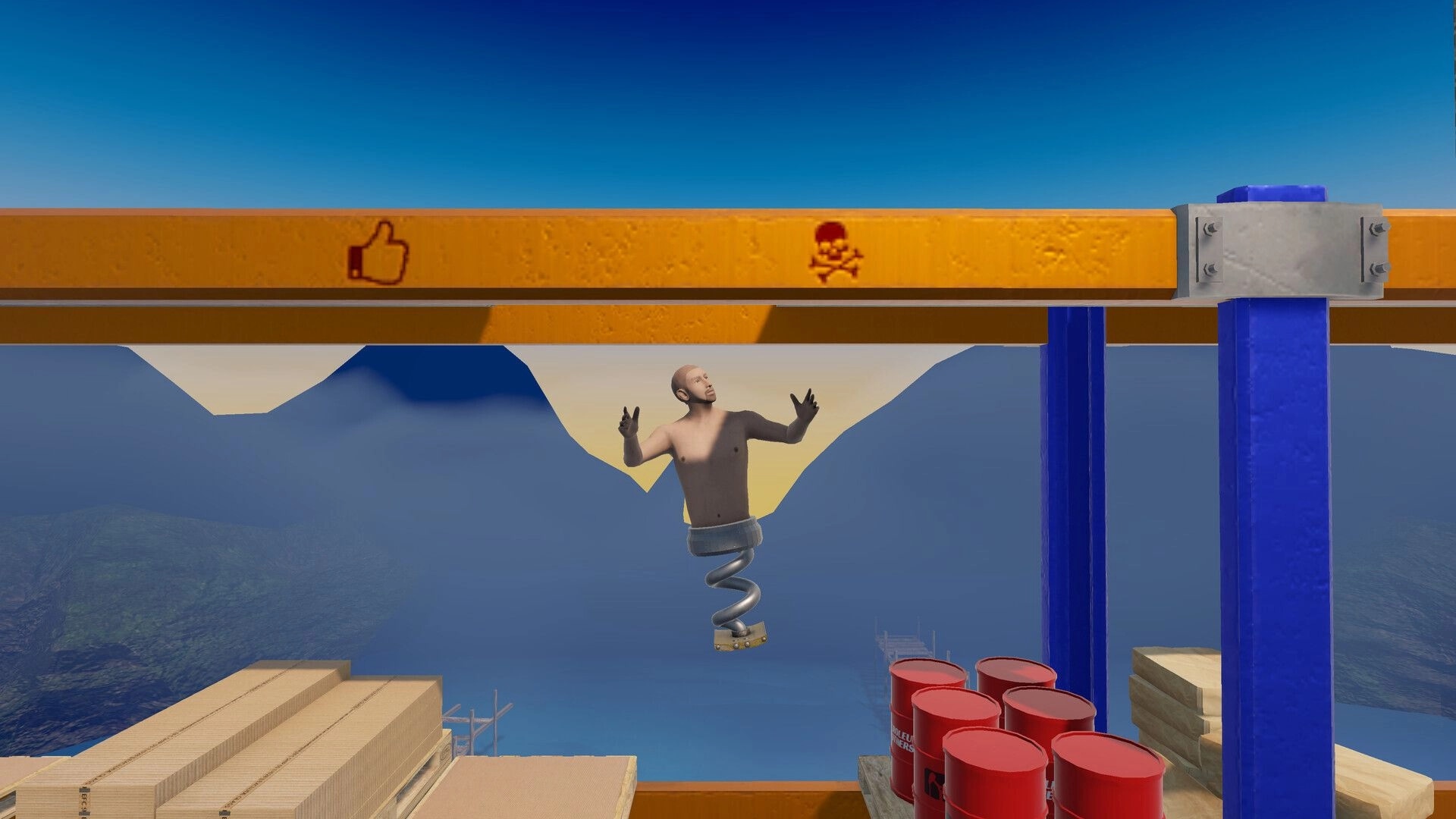 Spring Me Up: Character with spring body jumps on angled platform against mountain backdrop