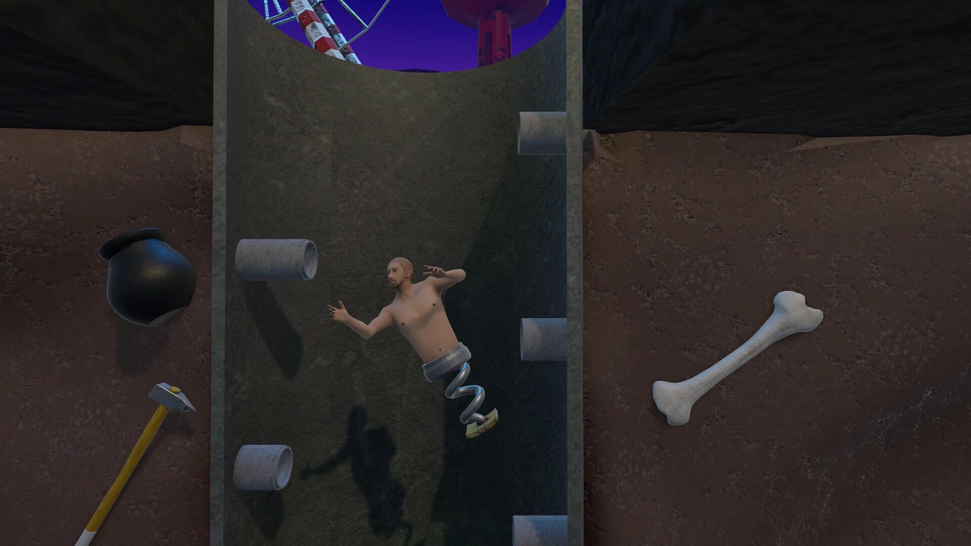 Spring Me Up: Character bouncing with spring legs between pipes in a vertical tunnel with obstacles