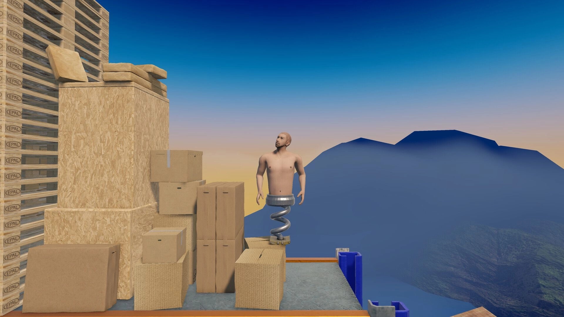 Spring Me Up: Character on spring navigates stacked boxes on platform with mountain backdrop