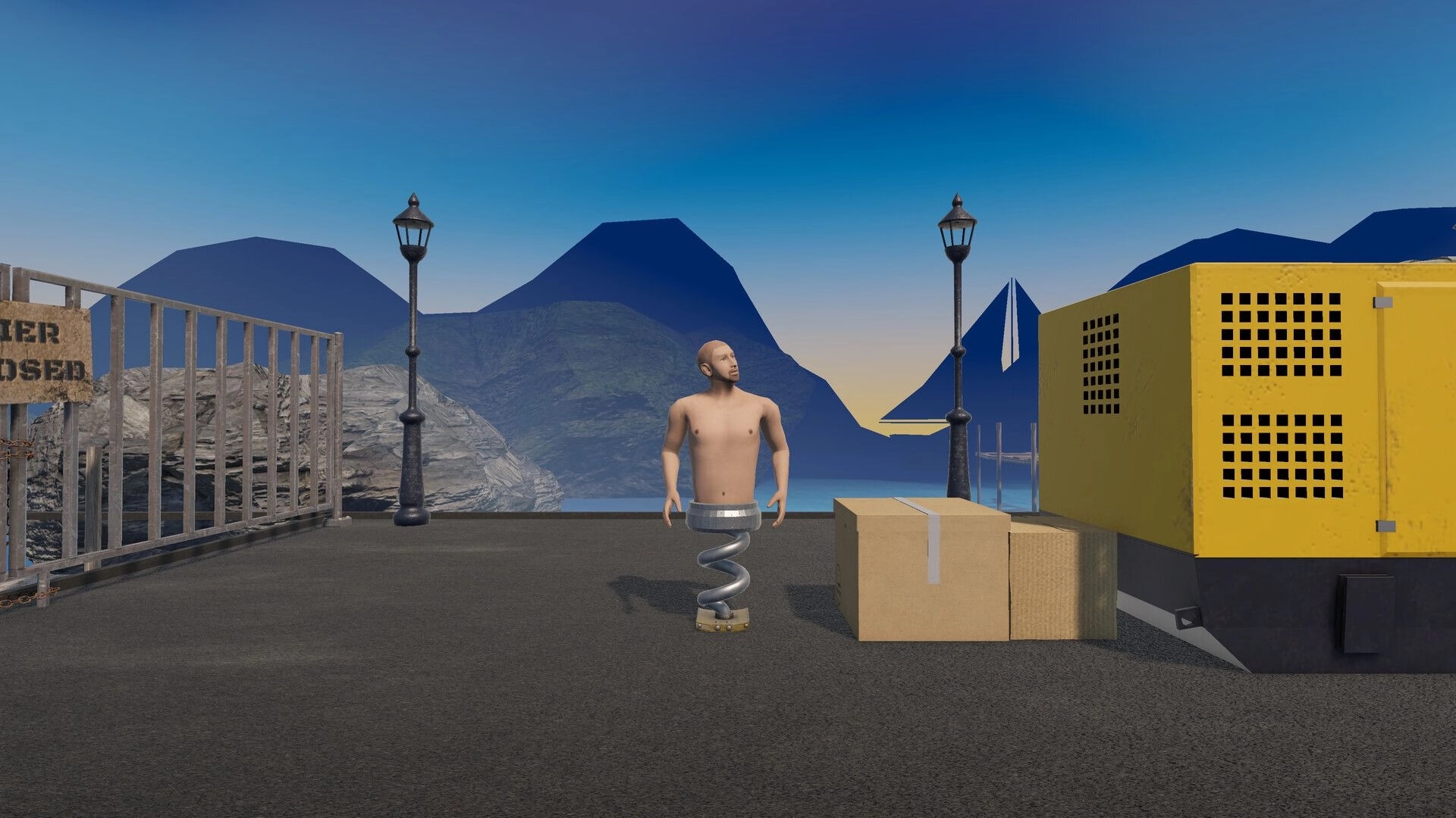 Spring Me Up: Character with spring legs stands on dock next to cardboard box and yellow machine