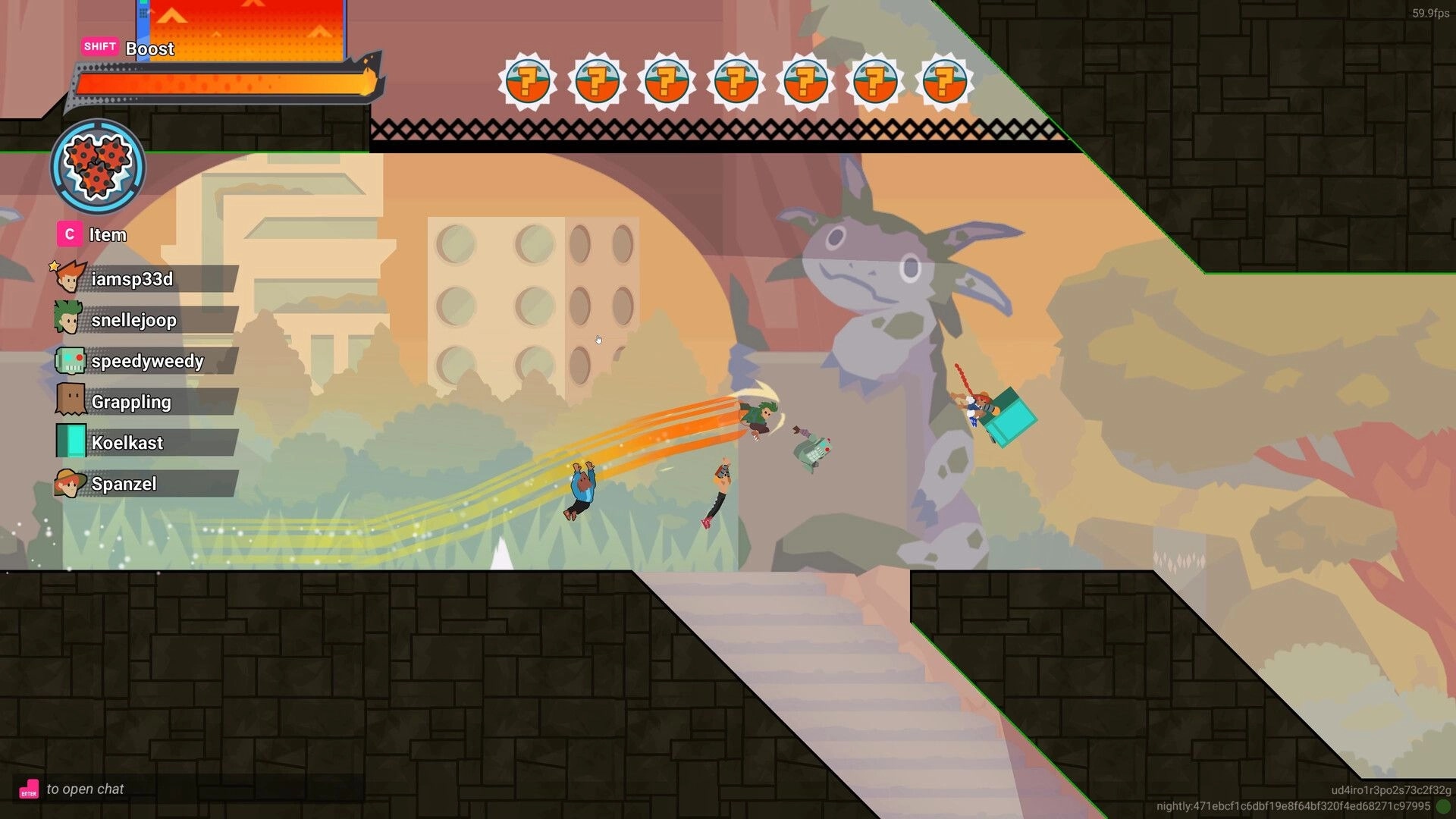 Sprint City: Players racing with colorful trails past a large statue in a vibrant urban landscape
