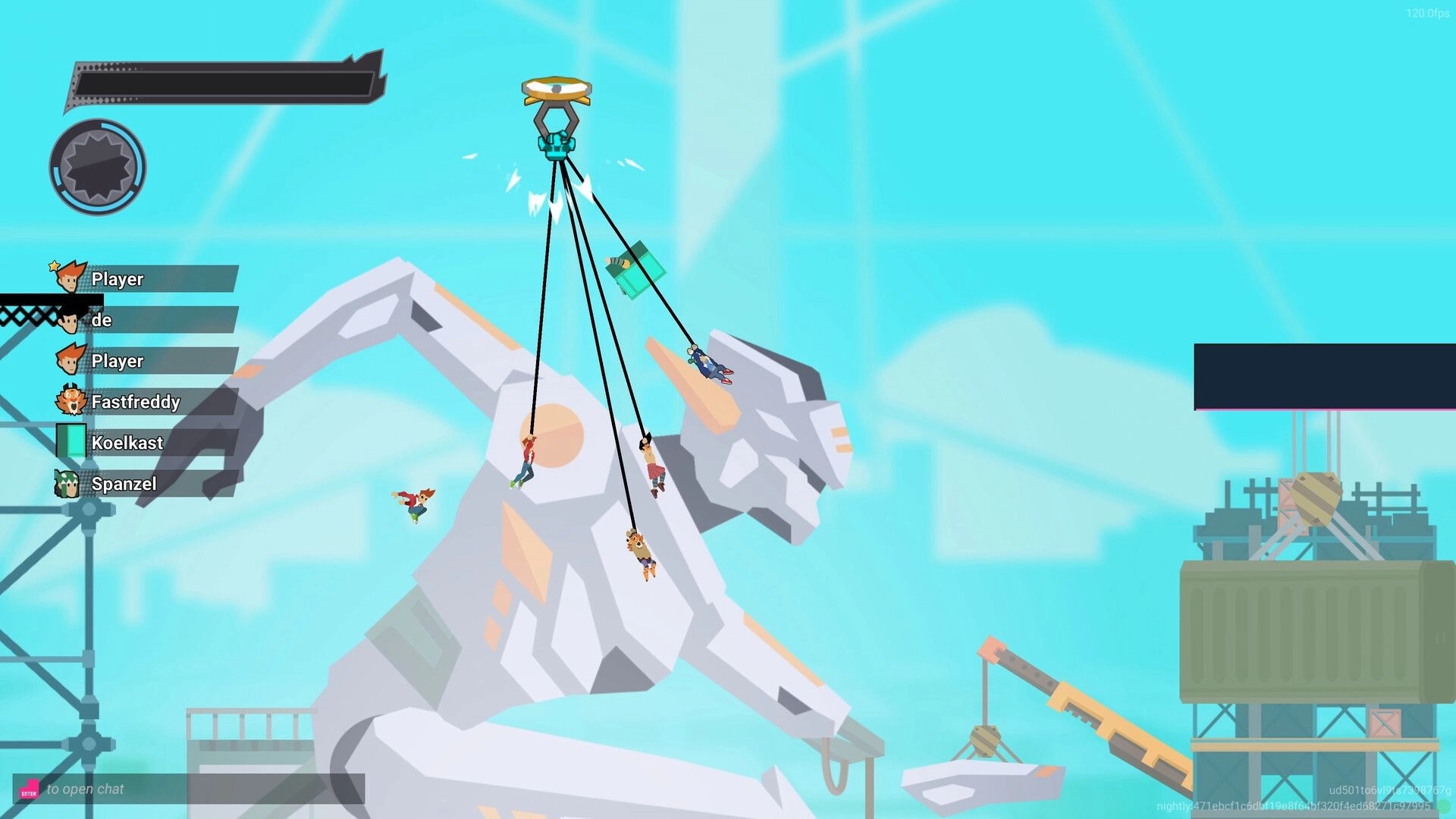 Sprint City: Characters swinging from ropes on a giant robot in a bright, industrial-themed arena.
