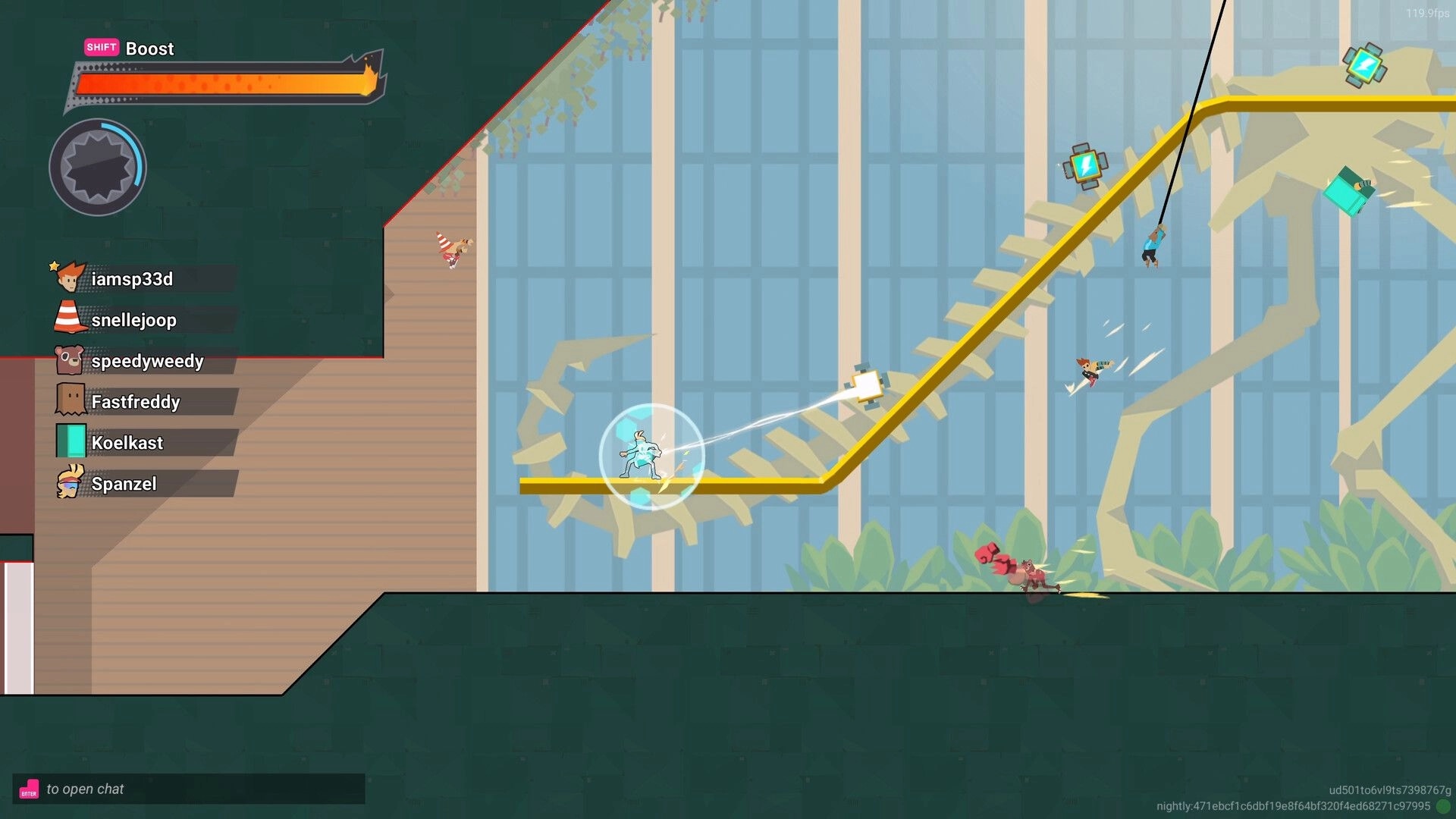 Sprint City: Players racing on platforms with a boost bar and leaderboard in a glass-walled arena
