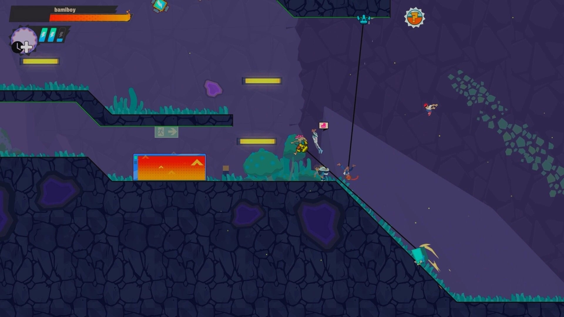 Sprint City: Characters race through a cavernous platformer level with neon signs and obstacles