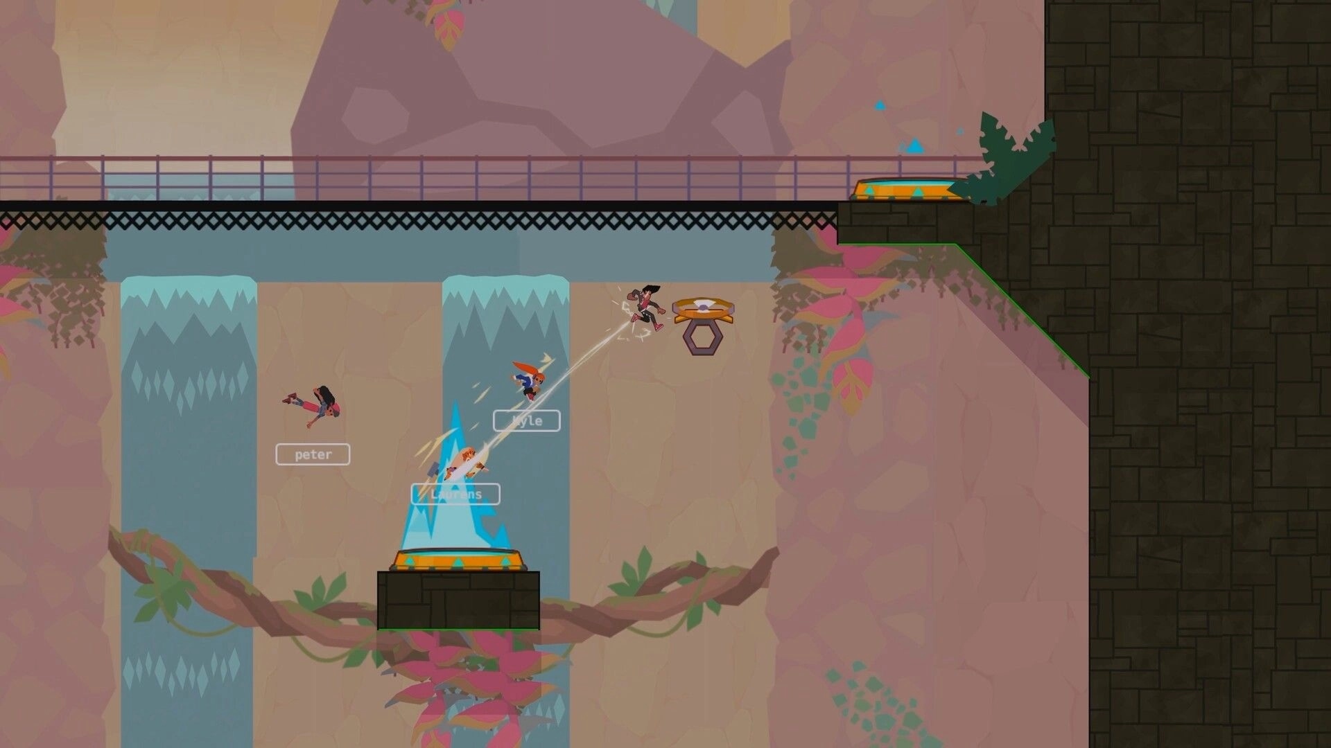 Sprint City: Three players race across platforms with waterfalls and bridges in a canyon setting.