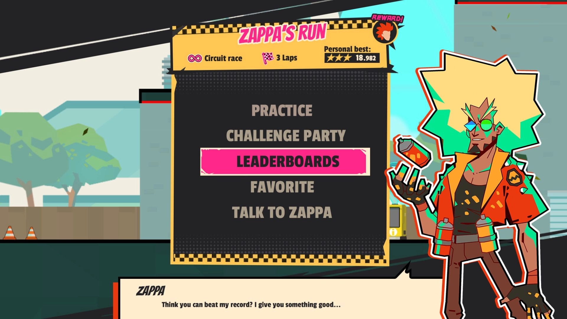 Sprint City: Zappa's Run menu with options like Practice and Leaderboards, set in a vibrant urban area.