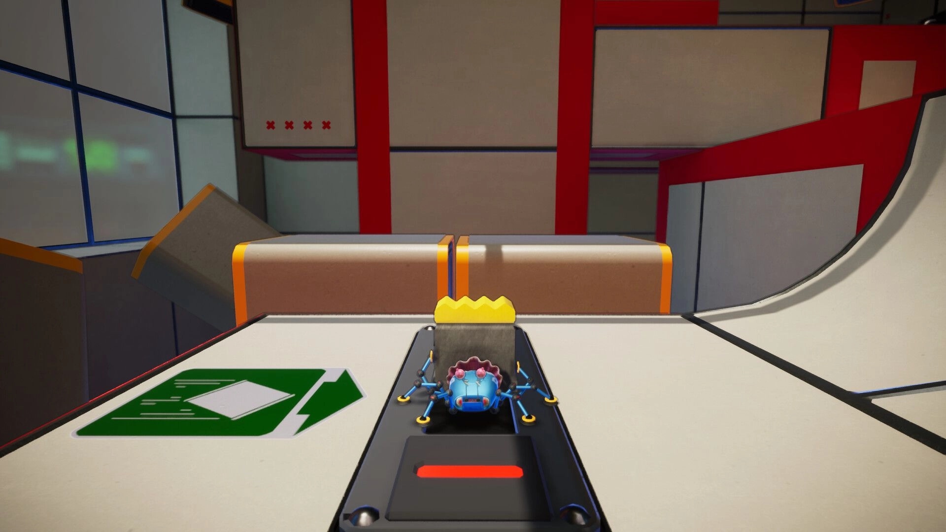 Spyder: Agent 8 rides a platform switch in a red-and-white lab room with arrows and wall panels.
