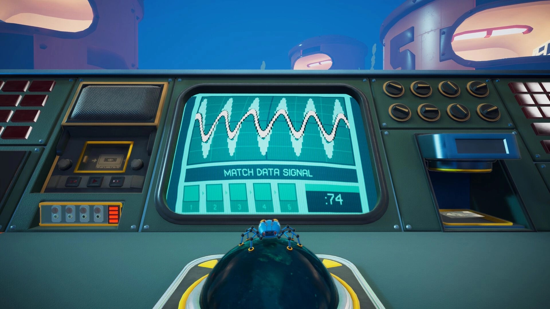 Spyder: Agent 8 faces a console puzzle matching a waveform signal on a retro control room screen.