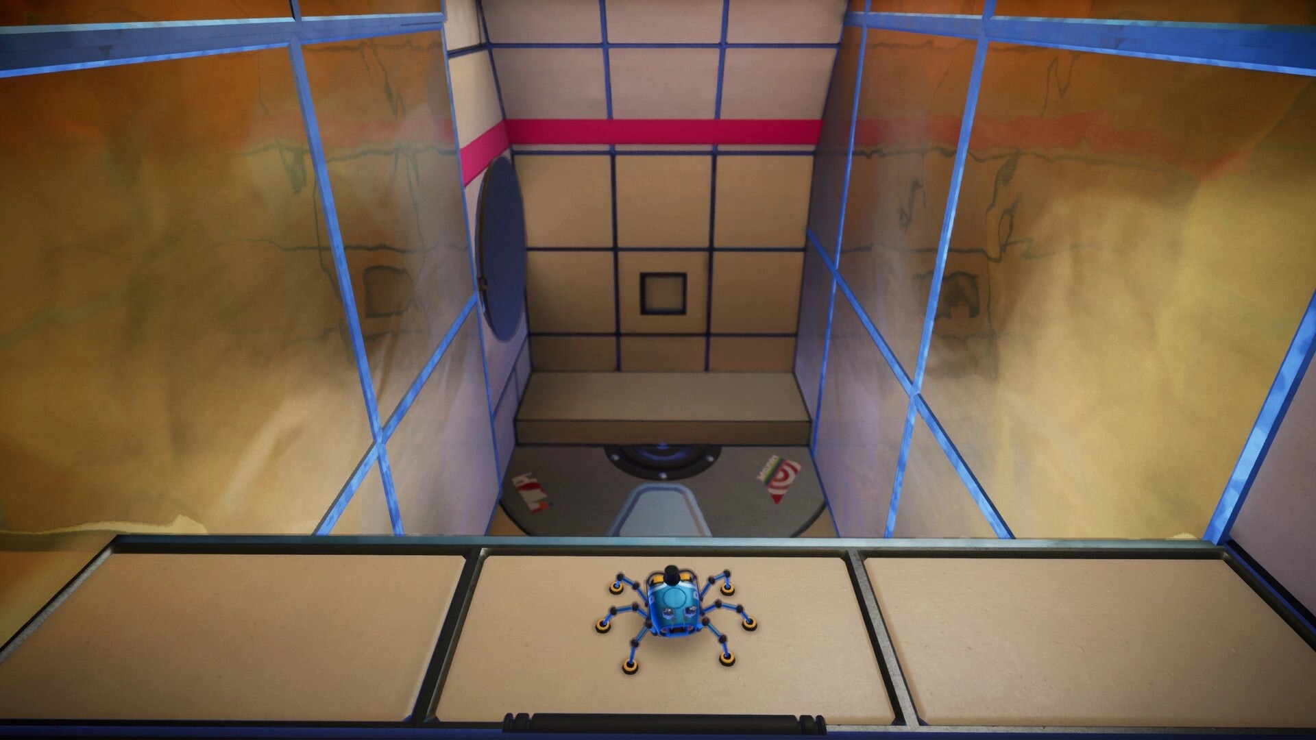 Spyder: Agent 8 on a ledge above a tiled shaft with blue frames, a hatch, and a wall vent.