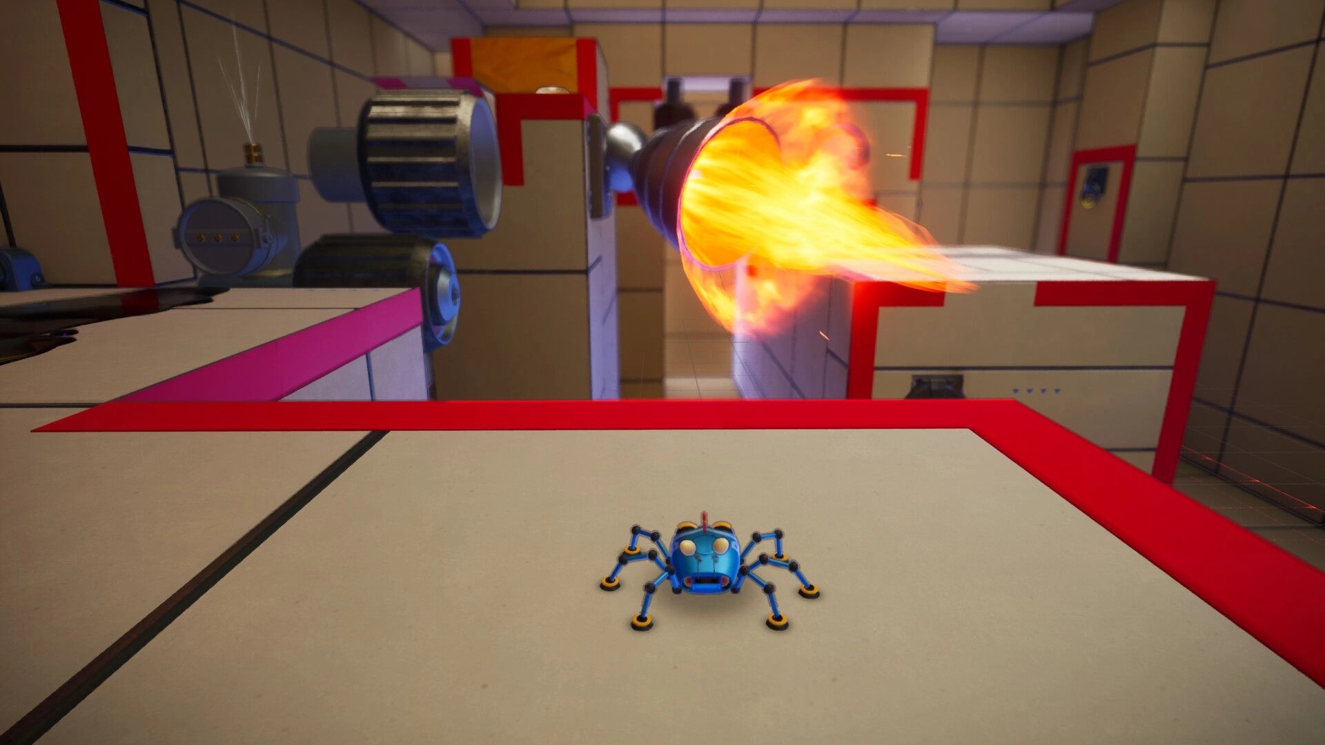 Spyder: Agent 8 robot spider faces a jet of fire from a nozzle in a tiled lab room.