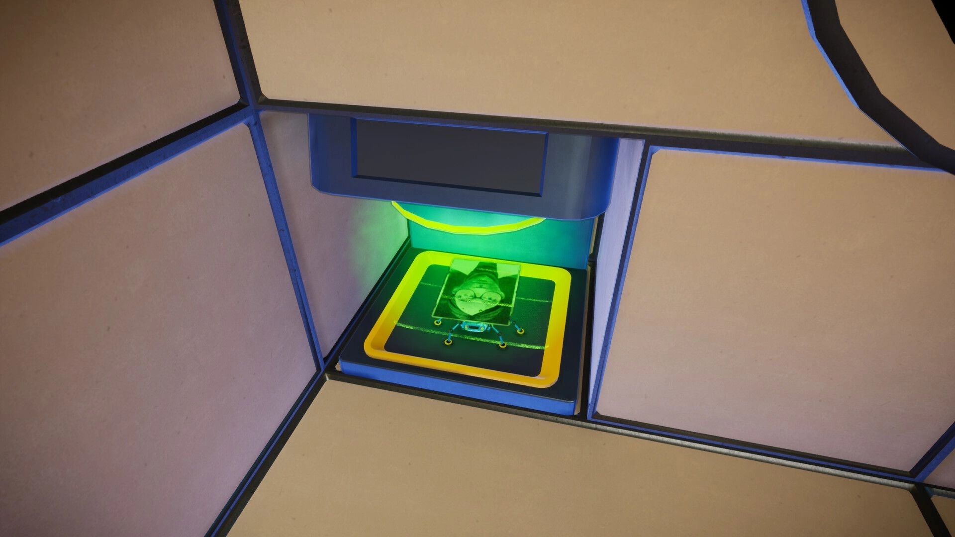 Spyder: Agent 8 on a glowing green scanner pad inside a wall alcove in a sleek lab corridor.