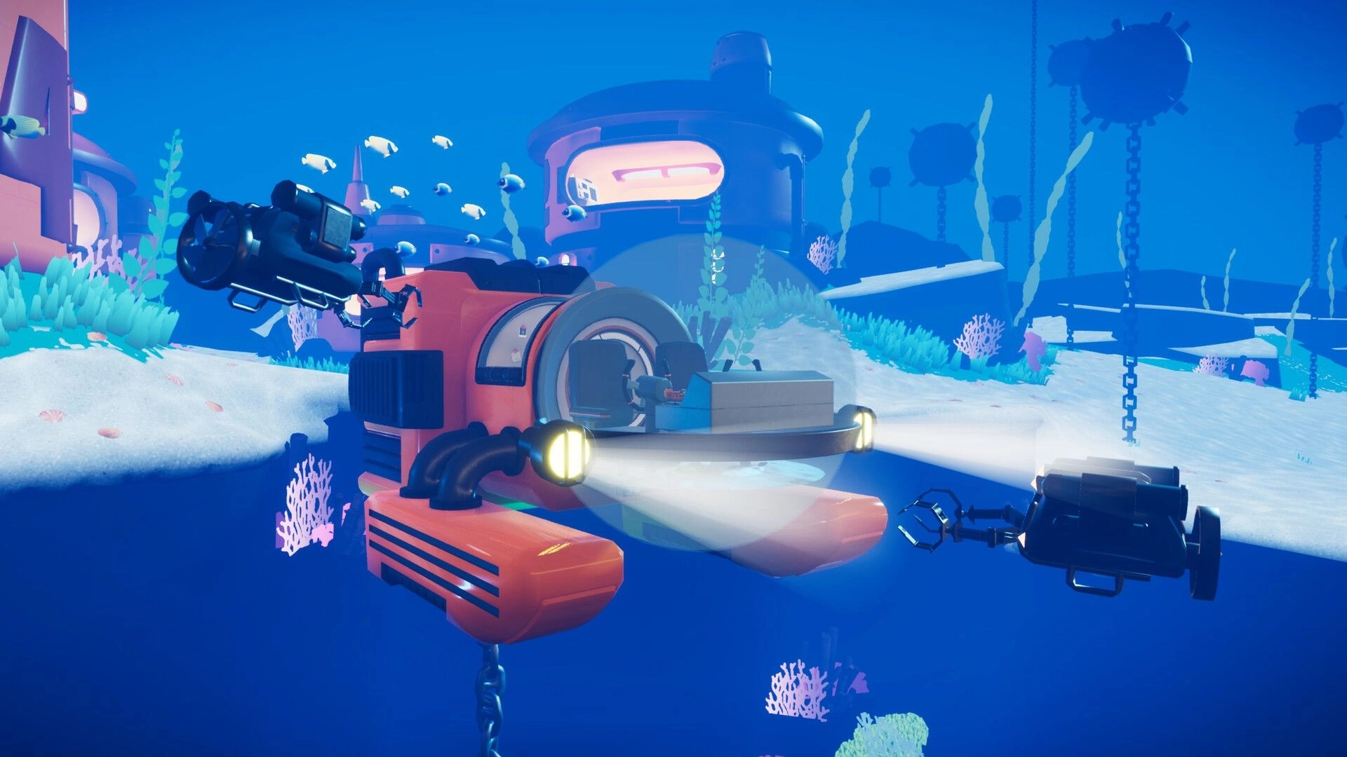 Spyder: Underwater drone with spotlights hovers near sea base buildings and chains in blue depths.
