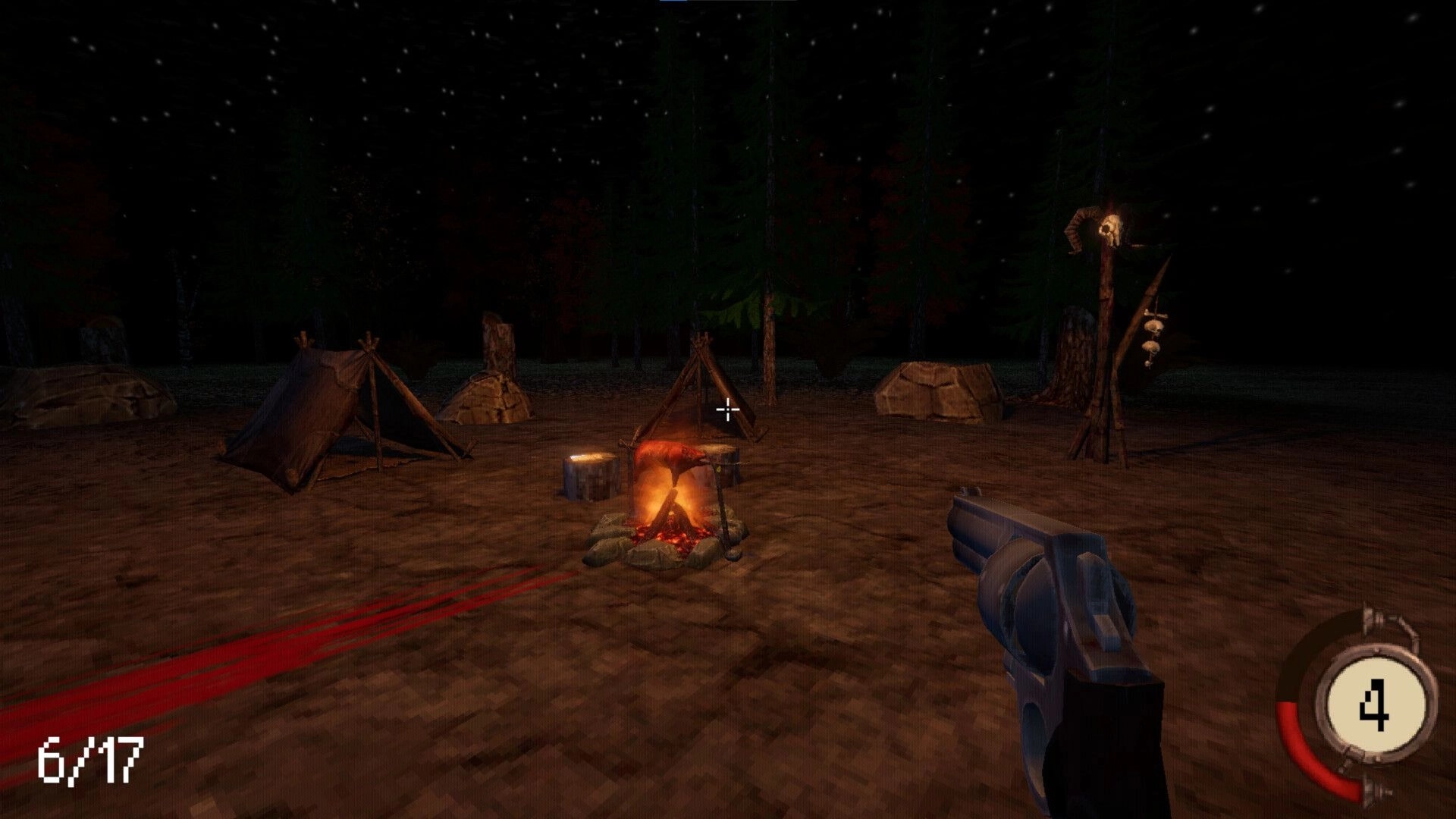 Spyrit Walker: First-person view of campfire with tents and revolver in a dark forest setting