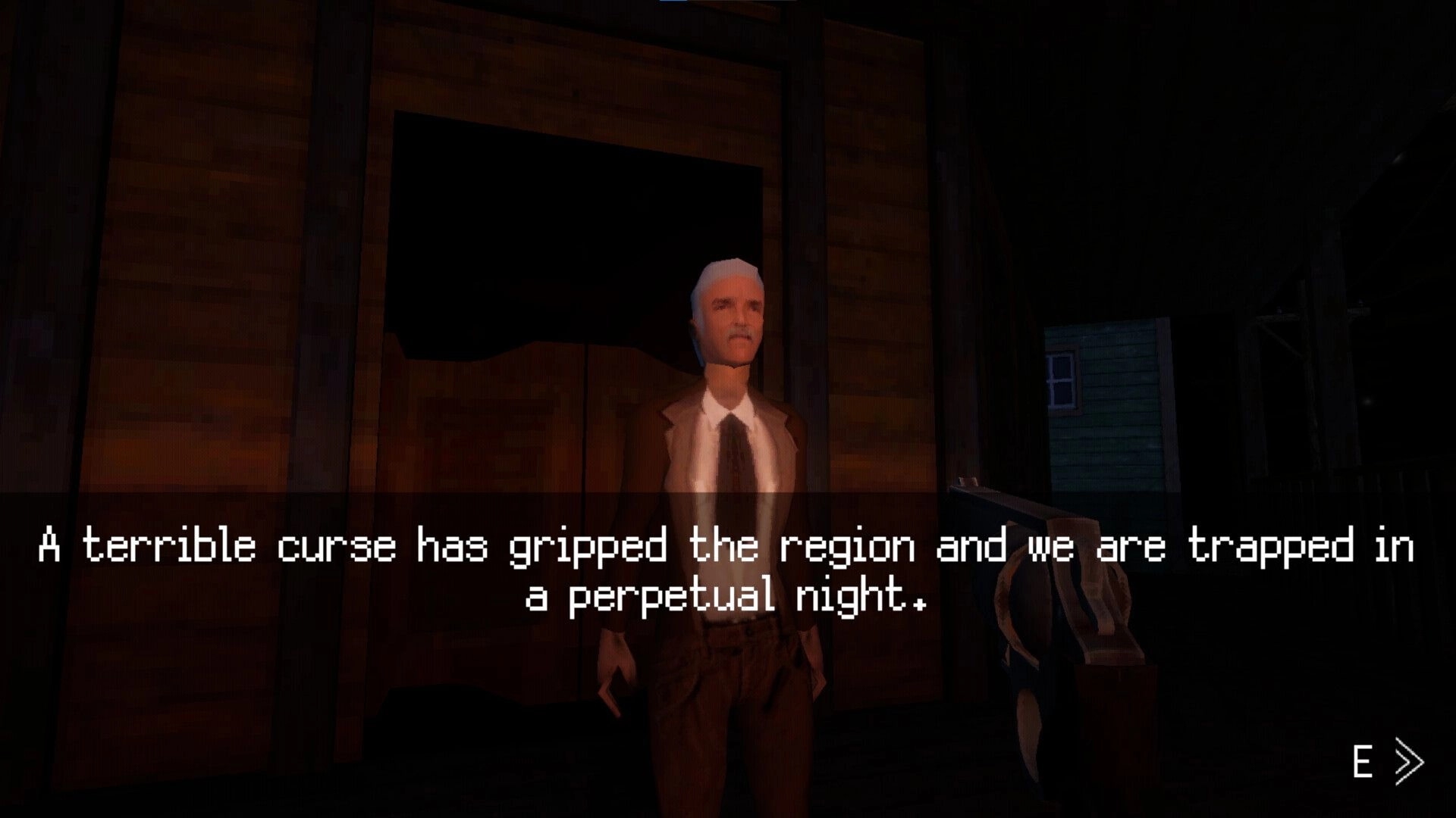 Spyrit Walker: Dialogue with an NPC in front of a saloon at night, text overlay describing a curse.