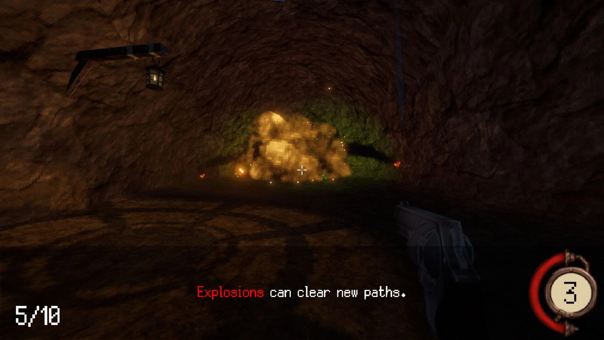 Spyrit Walker: Gun aimed at cave wall explosion, lantern above, ammo count 5/10, hint text visible