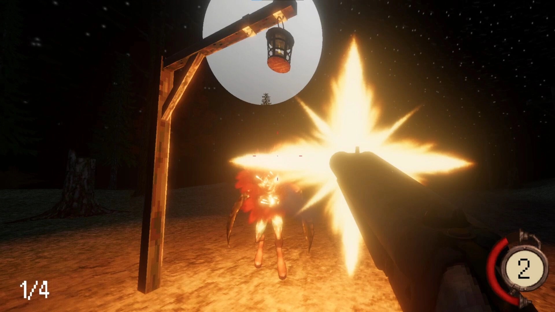Spyrit Walker: Firing weapon at glowing enemy under lantern in dark forest clearing