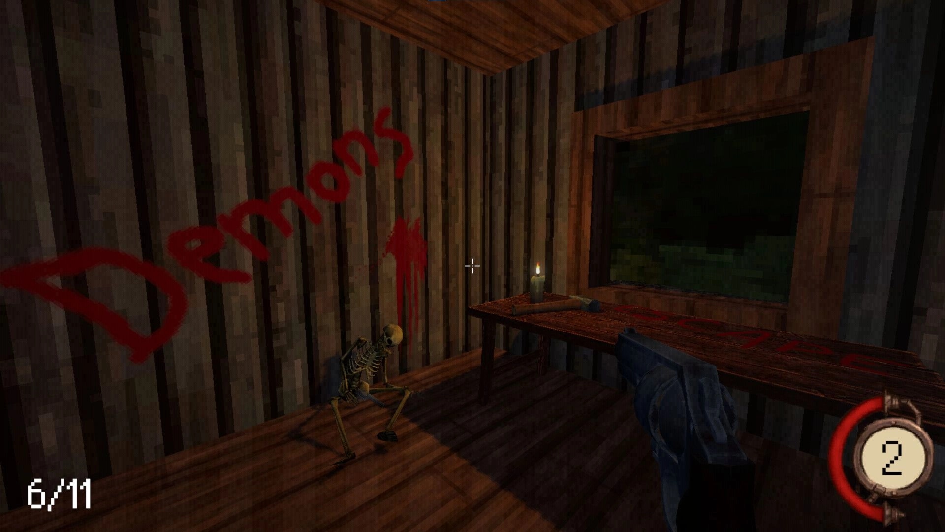 Spyrit Walker: Skeleton and graffiti in dimly lit cabin with revolver and candle on table nearby