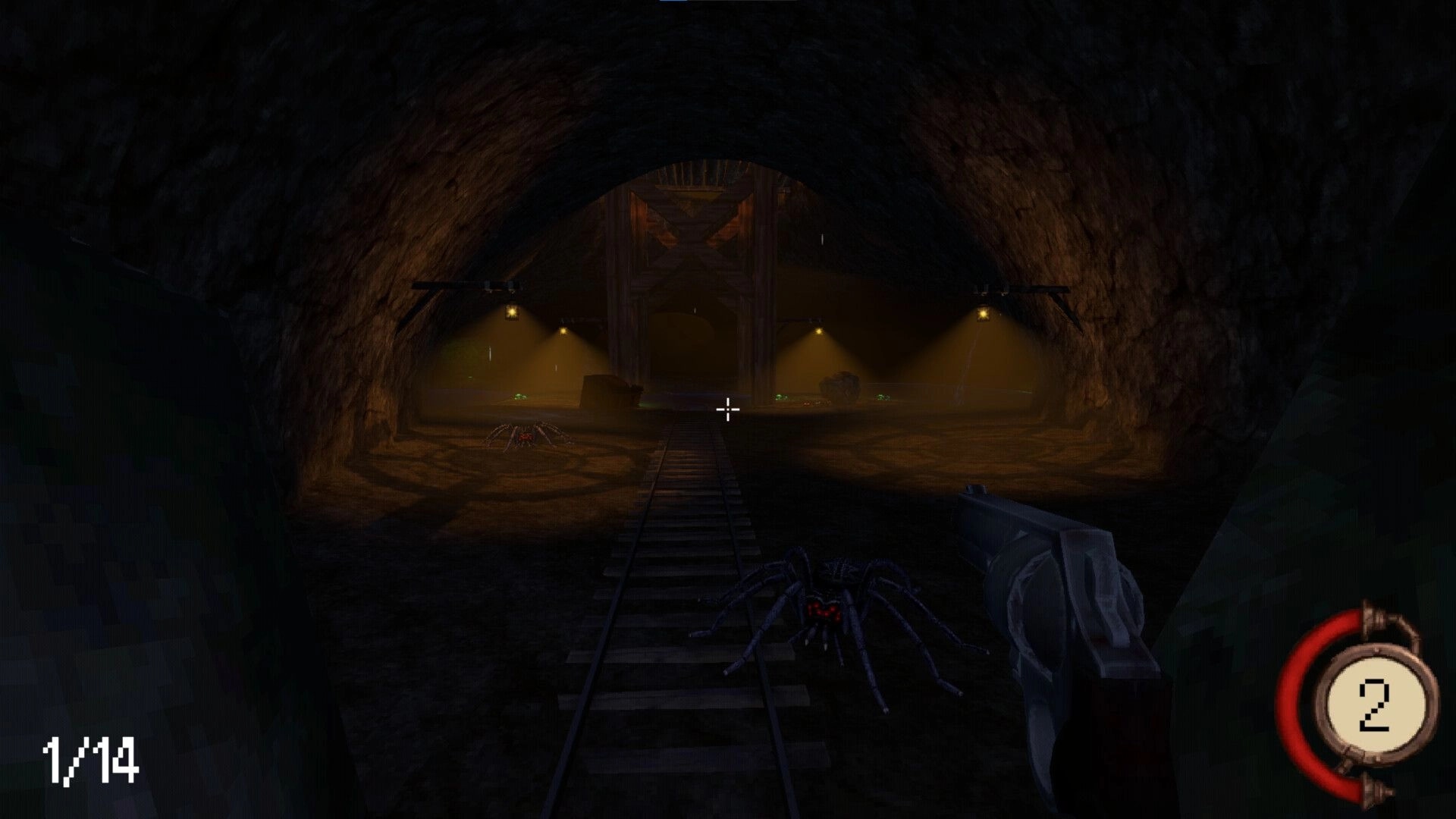 Spyrit Walker: First-person view with spiders in a dimly lit mine tunnel, aiming revolver at enemies