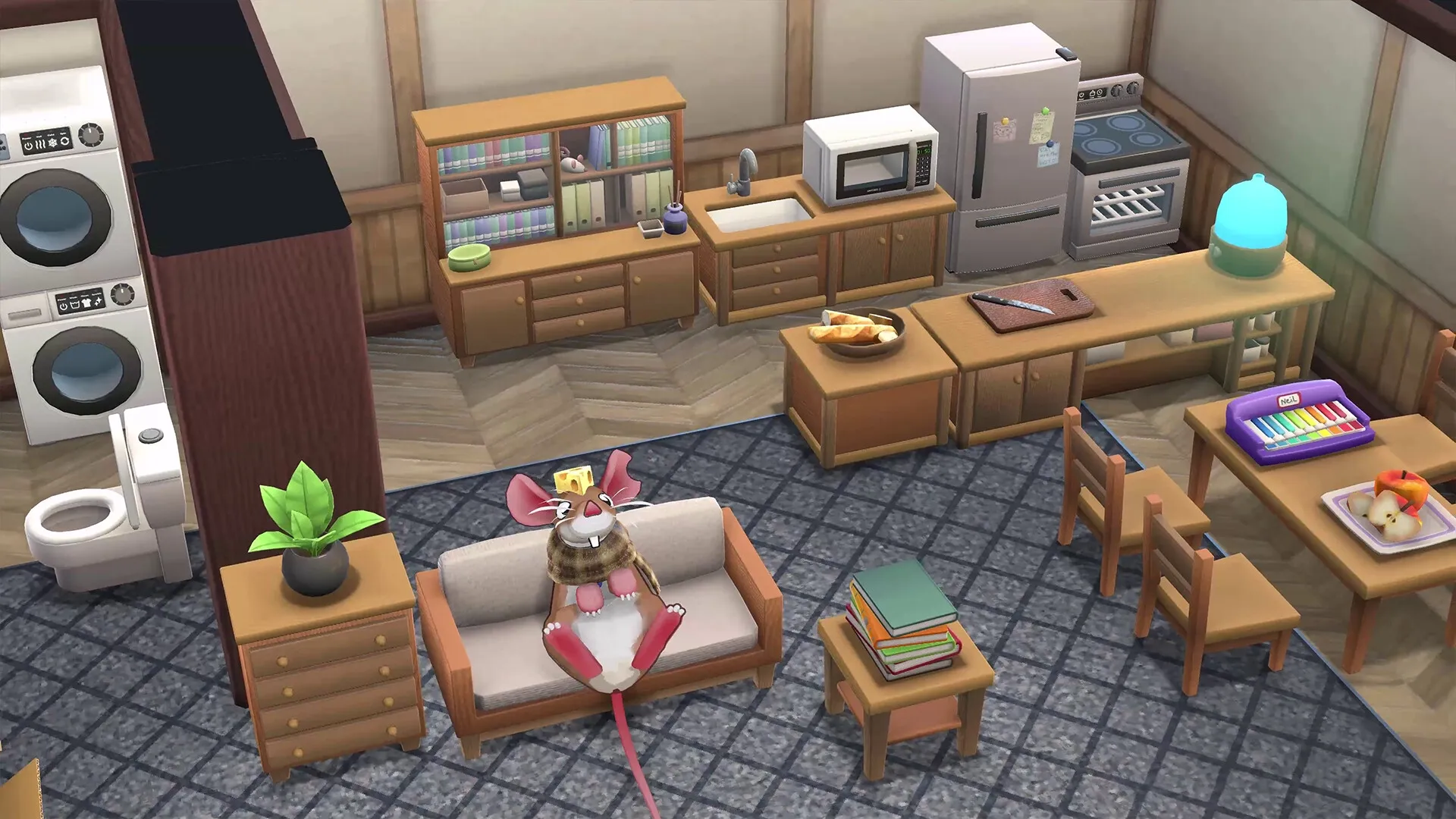 Squeakross: Cozy living room with rodent on sofa, surrounded by kitchen appliances and colorful decor
