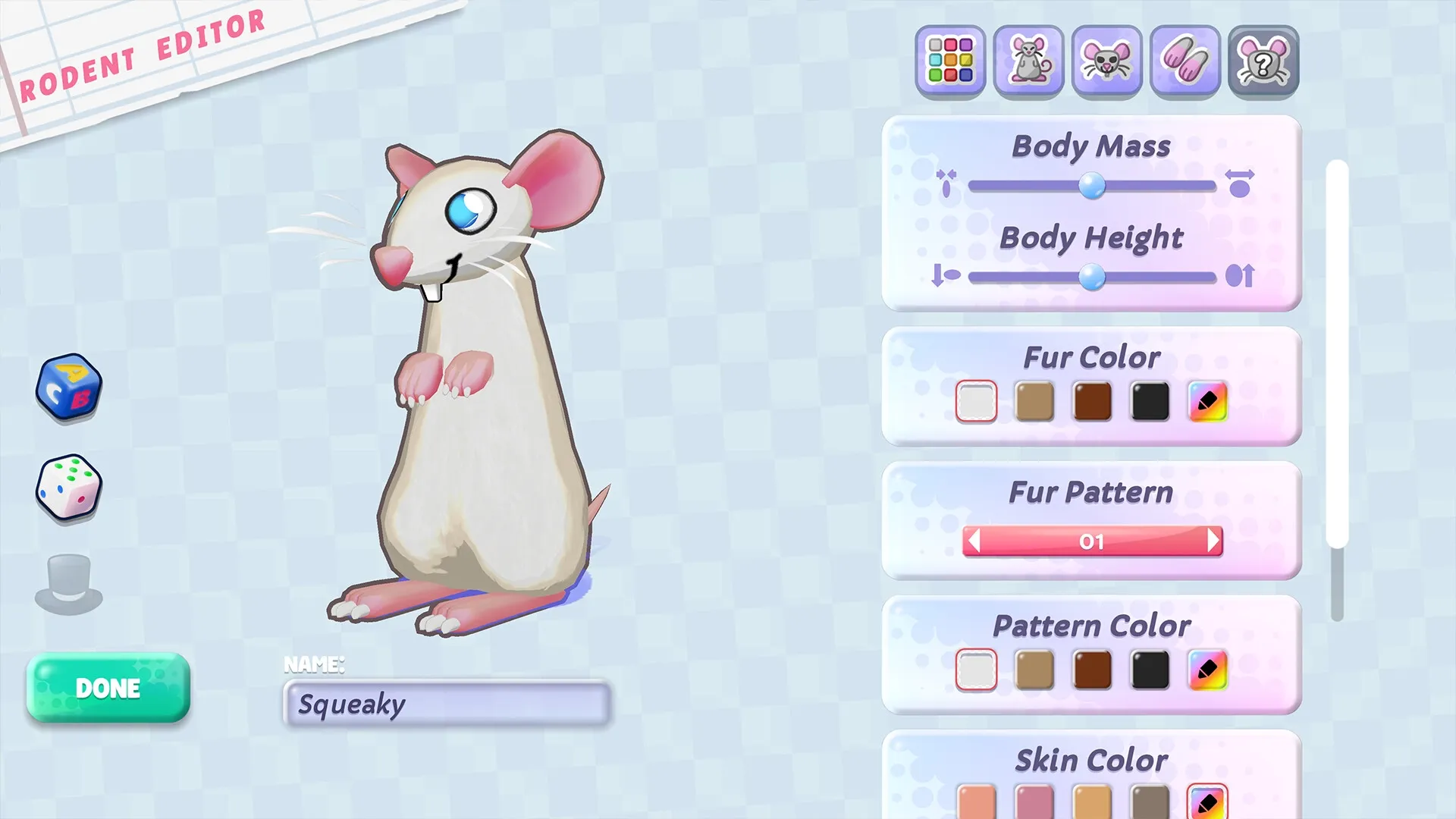 Squeakross: Rodent editor with customization options for body size, fur color, and pattern settings.