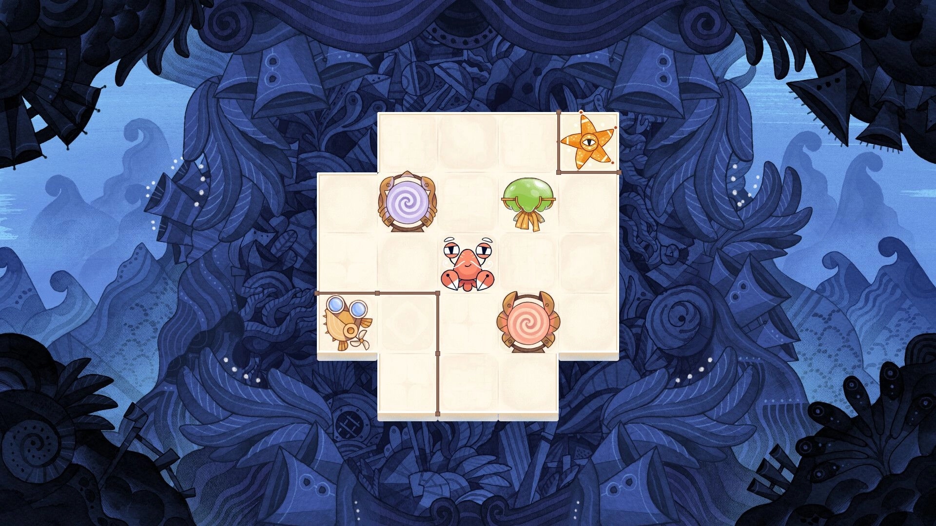 Squid Grid: Tile puzzle board with crab, starfish, and swirl tokens on a blue steampunk sea backdrop.