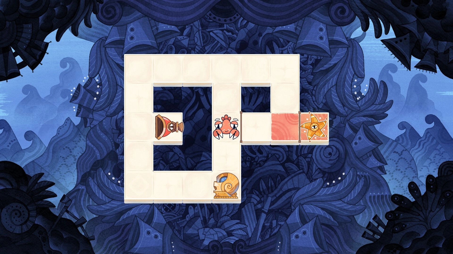 Squid Grid: Sliding tile puzzle with crab, shell, and star tokens on a blue seaweed backdrop.