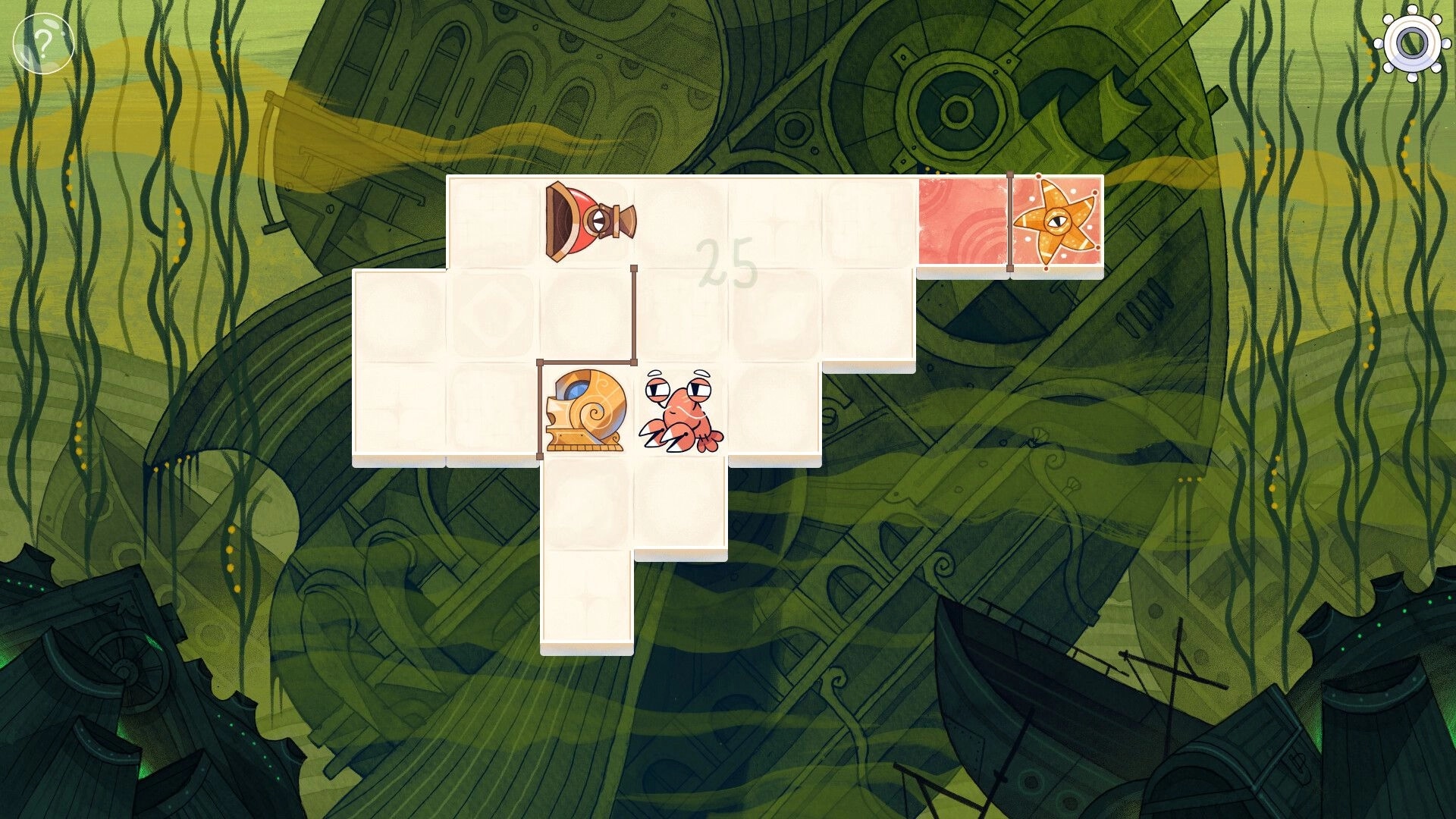Squid Grid: Tile puzzle map with crab, shell, and star tiles over a sunken ship backdrop UI icons.