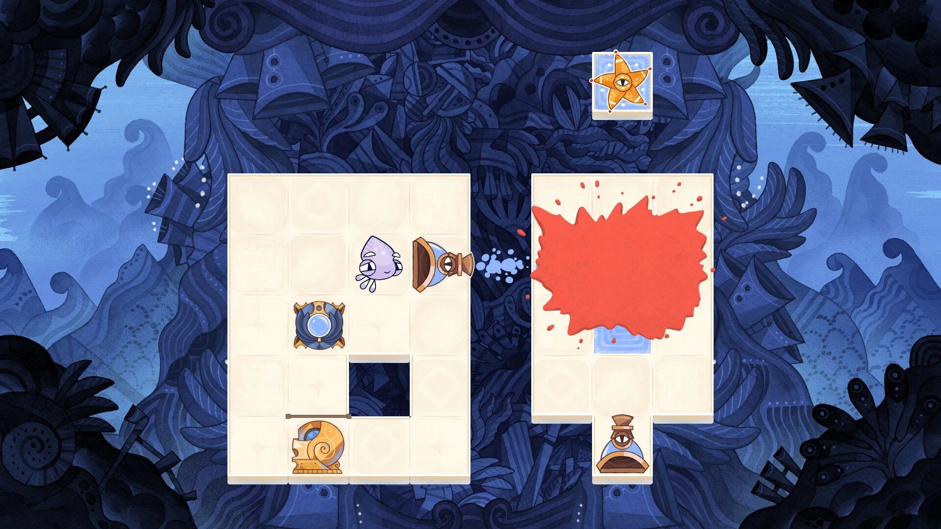 Squid Grid: Squid aims a cannon on tiled puzzle boards, red ink splatter covers right grid underwater.
