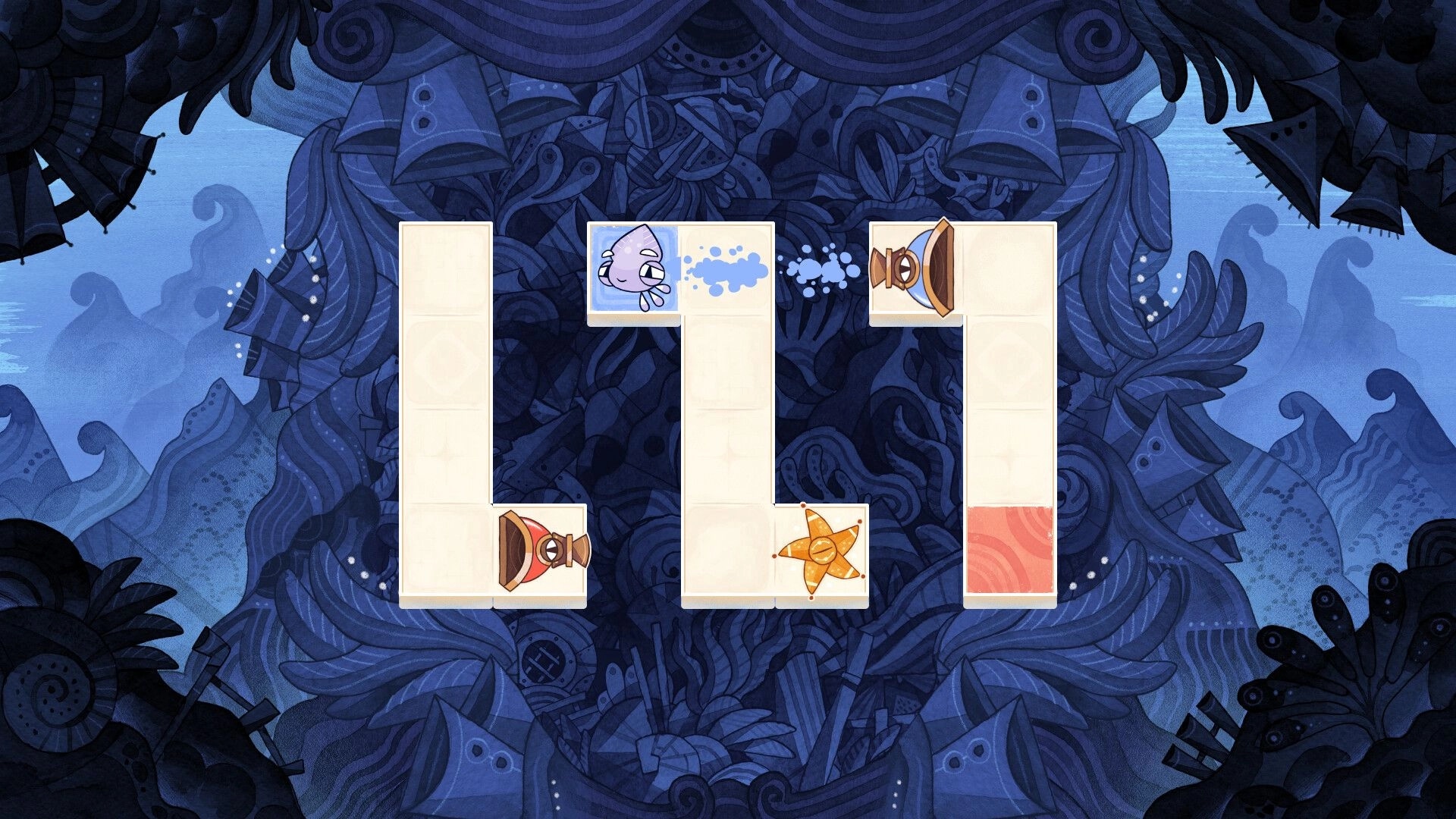 Squid Grid: Tile puzzle with squid spraying ink between vertical columns on a blue ocean mural backdrop.