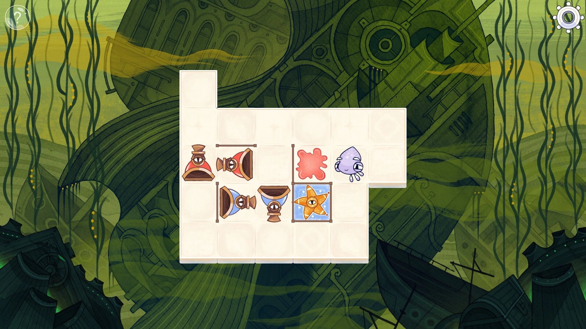 Squid Grid: Tile puzzle board with rotating cannons, ink blot and squid icon over sunken shipwreck.