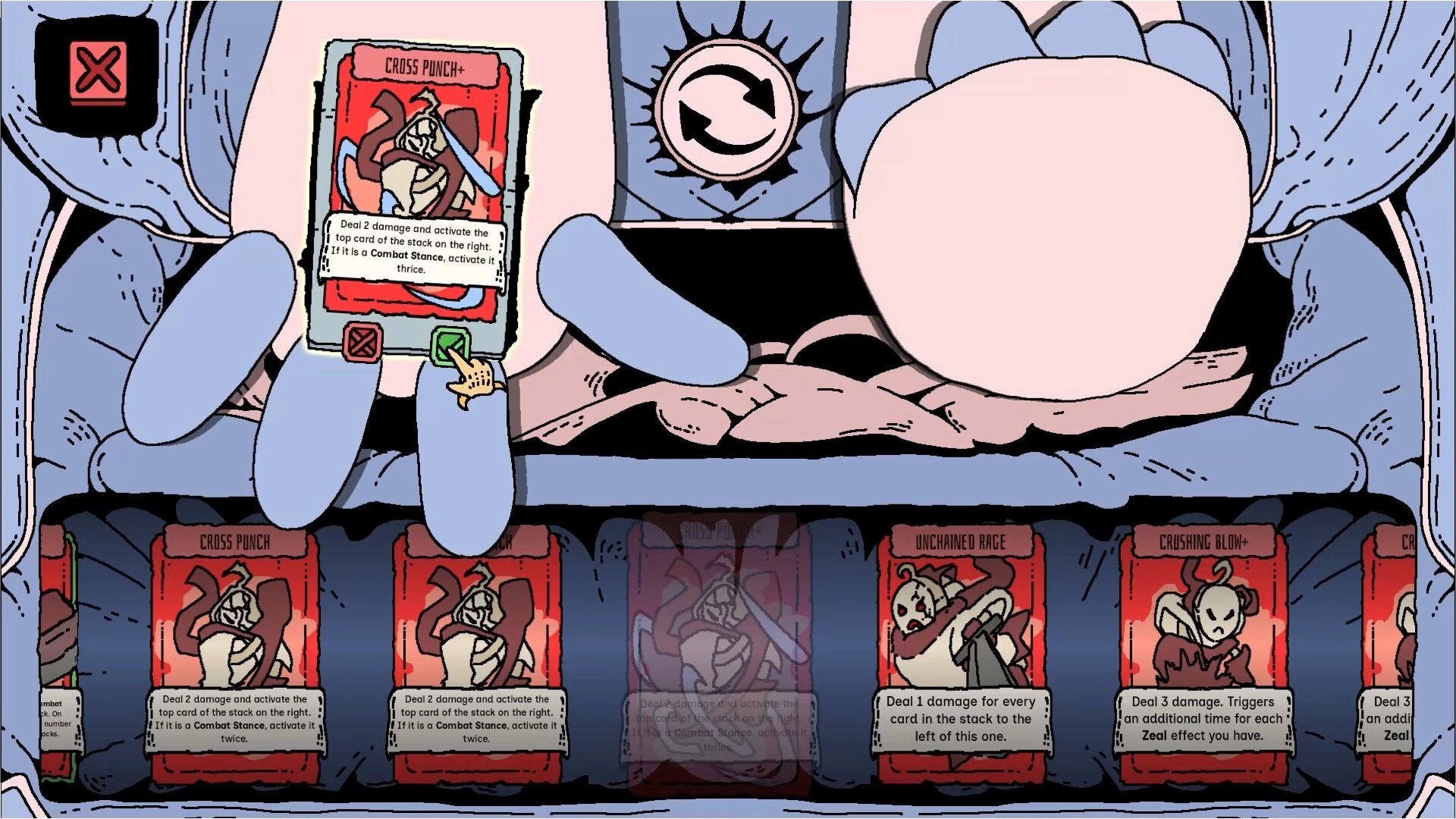 Stack Order: Selecting Cross Punch+ card with confirm button in hand during duel on creature-like table UI.