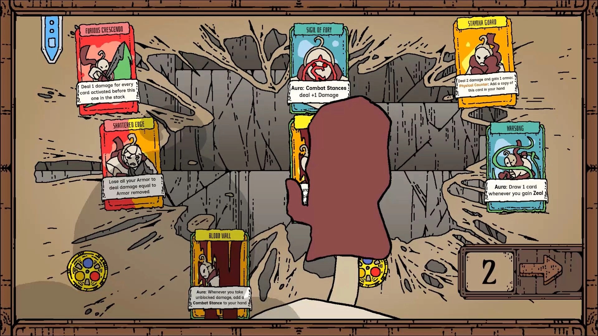 Stack Order: Card duel stack with Furious Crescendo and Warsong cards on a stone arena battlefield.