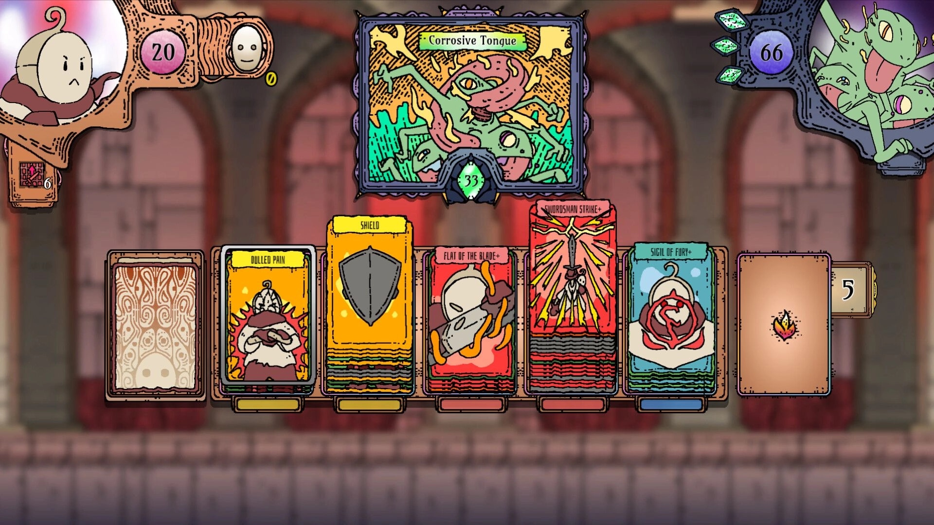 Stack Order: Card duel UI with Corrosive Tongue enemy and stacked attack cards in a castle hall arena.