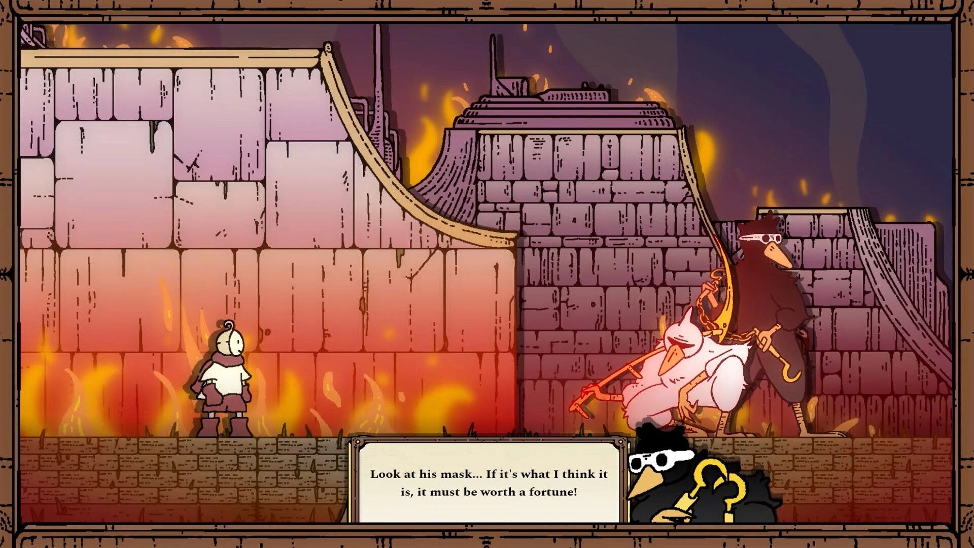 Stack Order: Plague doctor NPC drags a goose as dialogue box appears in a burning stone corridor.