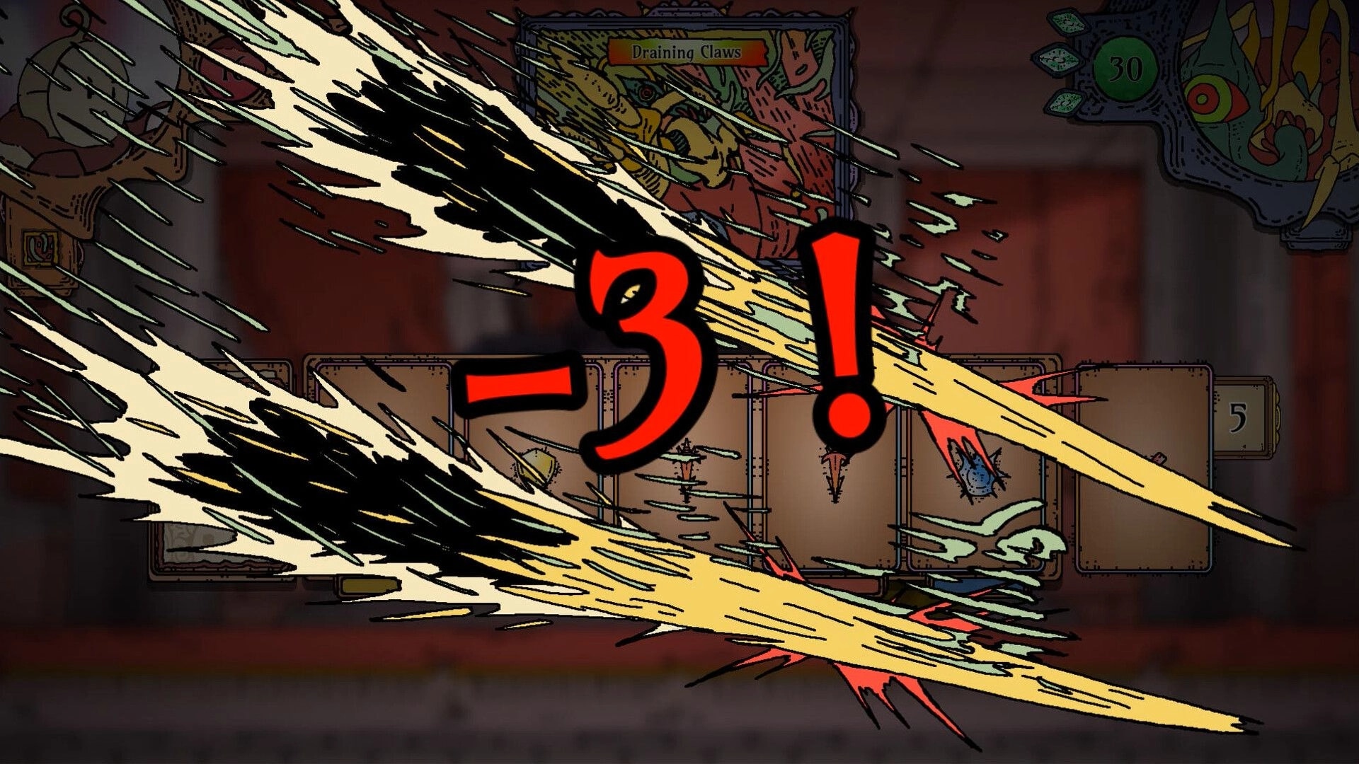 Stack Order: Claw attack hits for -3 with slashing effect over card duel board UI in combat.