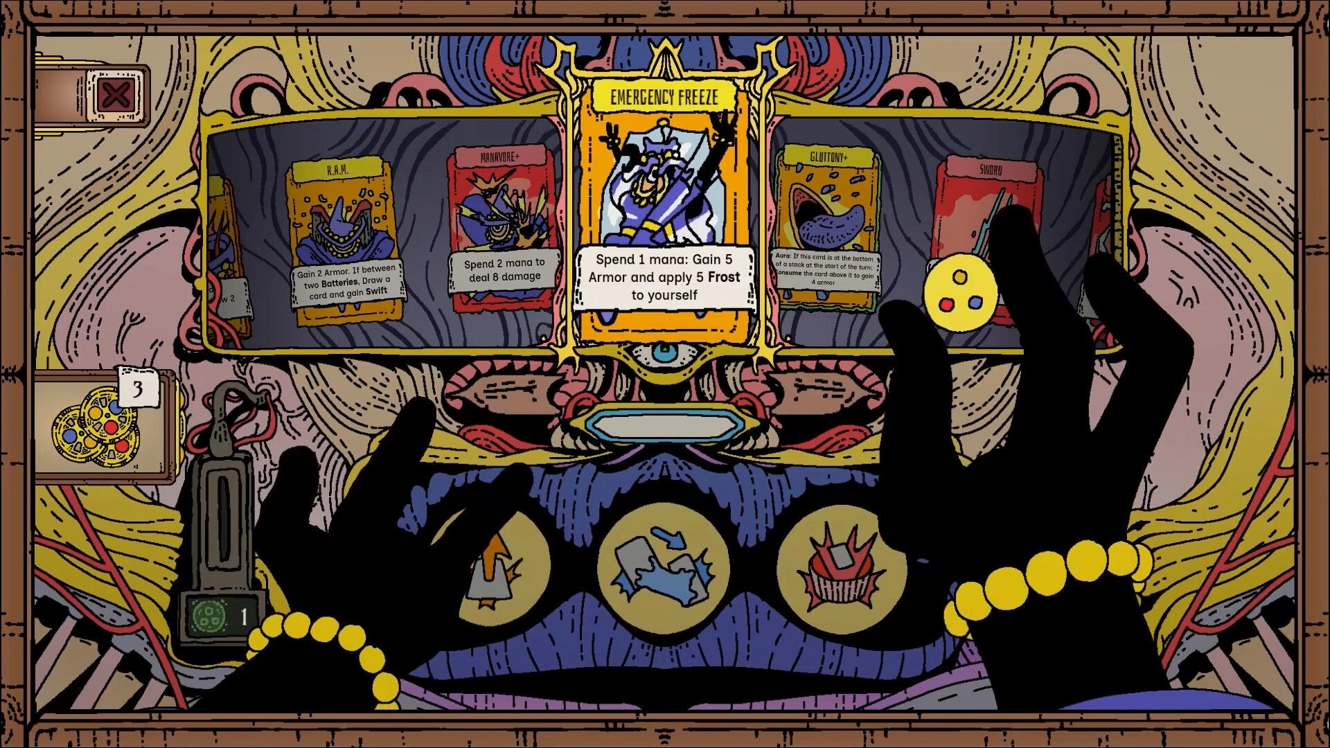 Stack Order: Emergency Freeze card highlighted among hand cards in ornate duel interface with gloved hands.