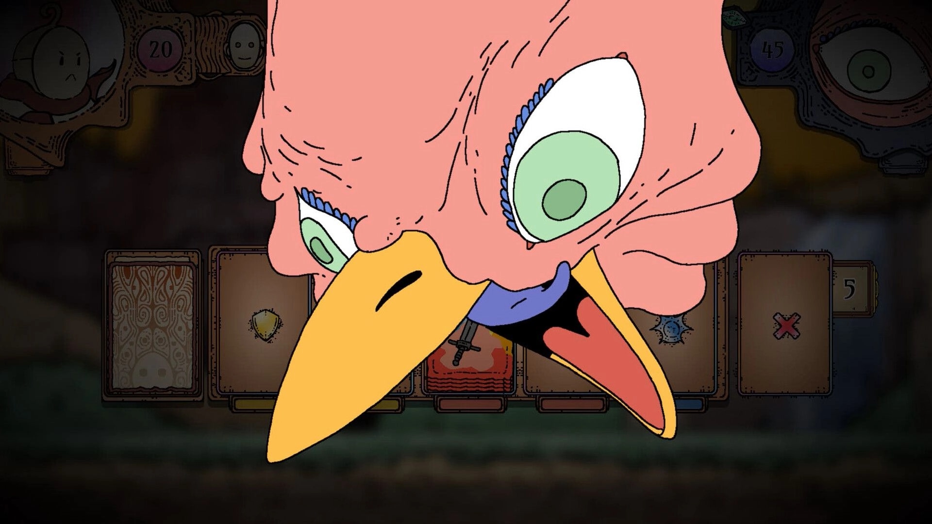 Stack Order: Giant bird face close-up over card duel UI with hand cards and health counters visible.
