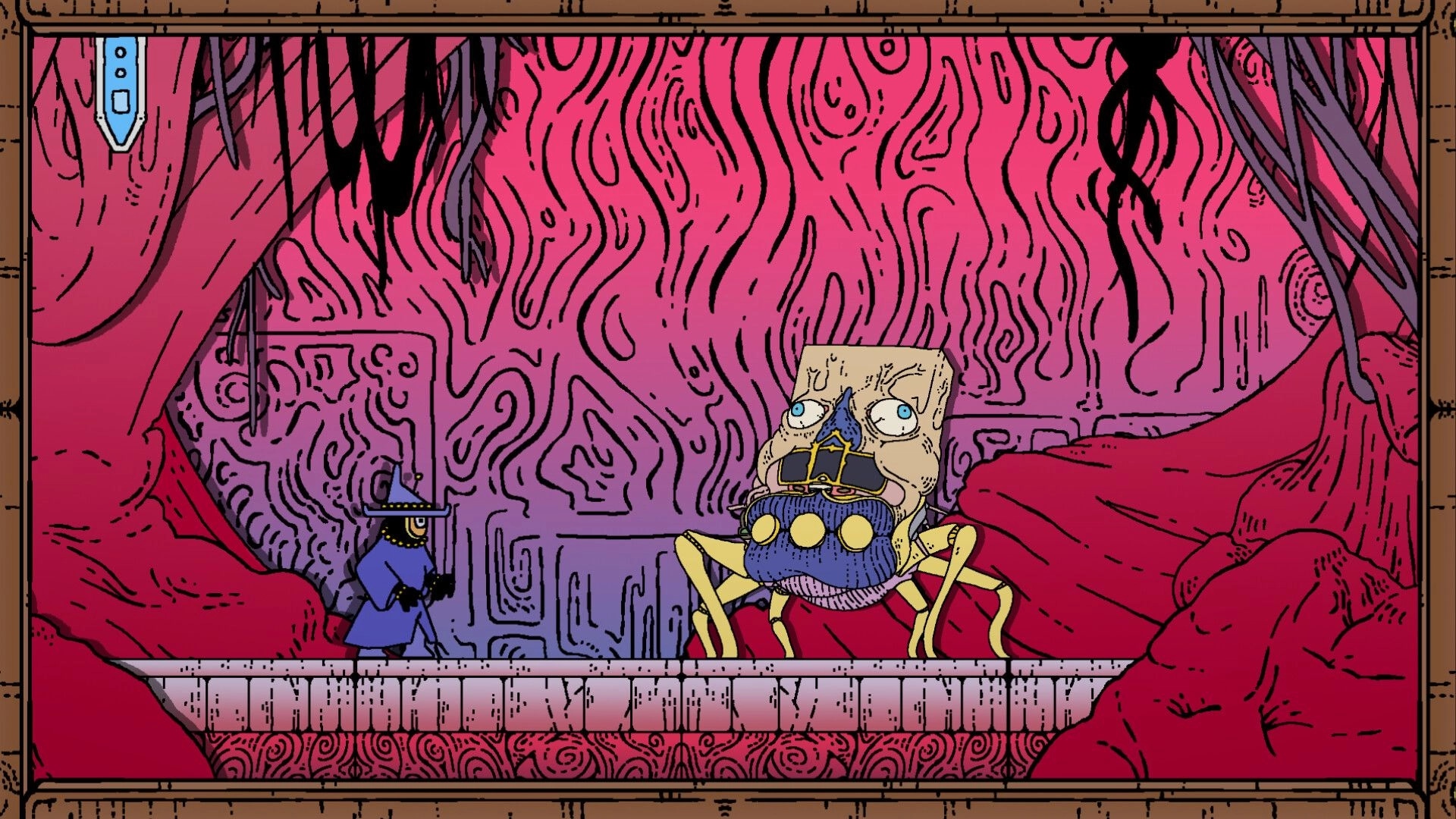 Stack Order: Blue-cloaked adventurer faces a giant masked spider in a fleshy red cavern arena.