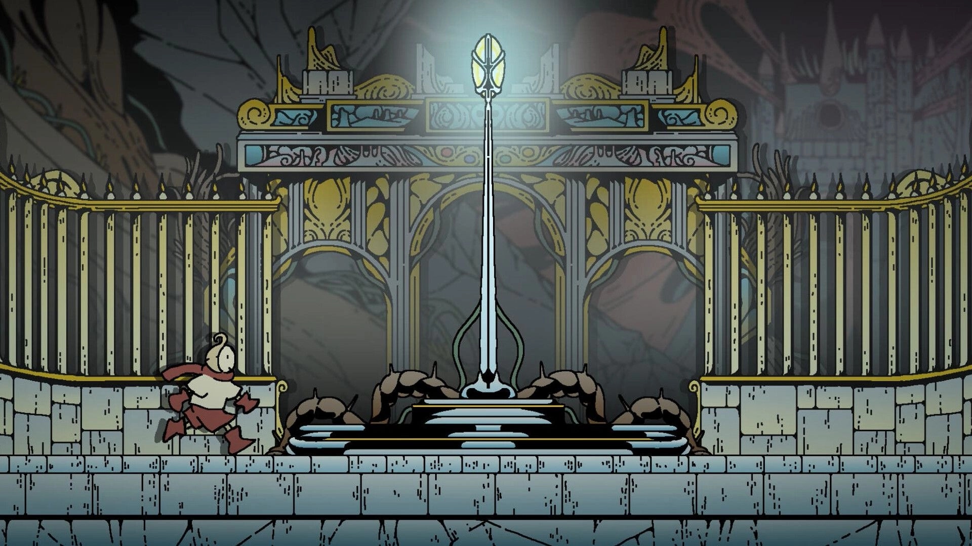 Stack Order: Armored hero runs past a glowing pillar shrine in a grand stone hall with iron railings.