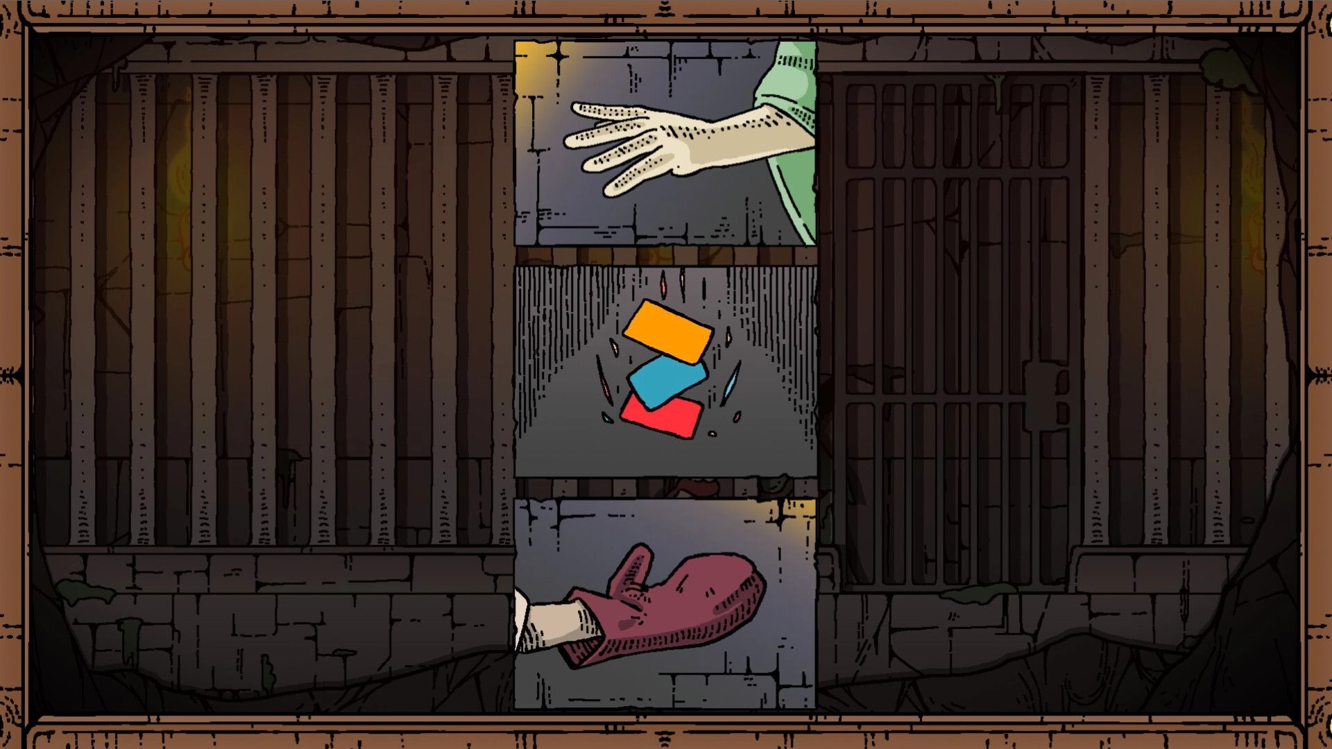 Stack Order: Three stacked card panels with hand and glove icons over a dark wooden corridor backdrop.