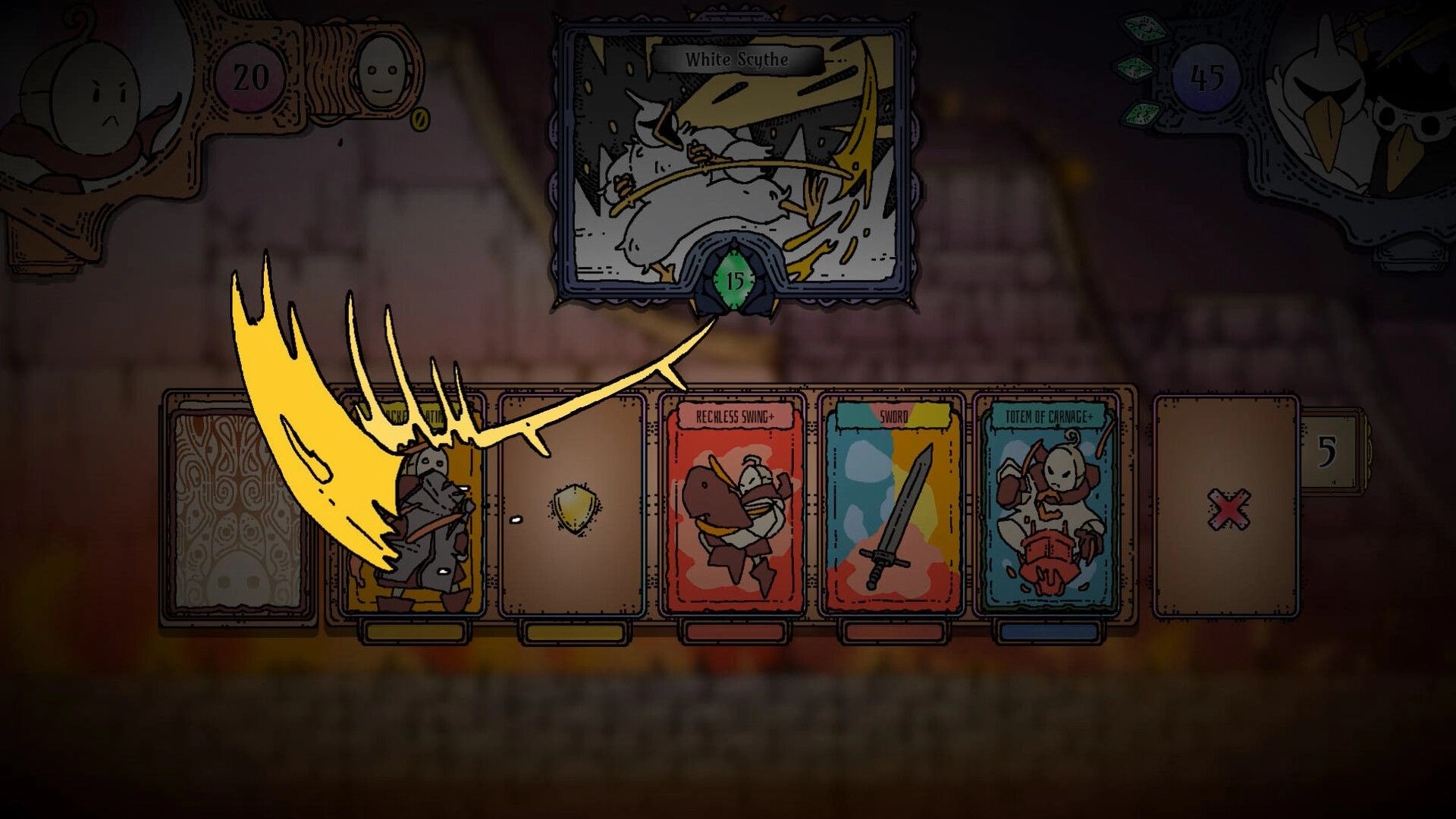 Stack Order: Card duel with White Scythe enemy as player plays hand of attack cards on battlefield.