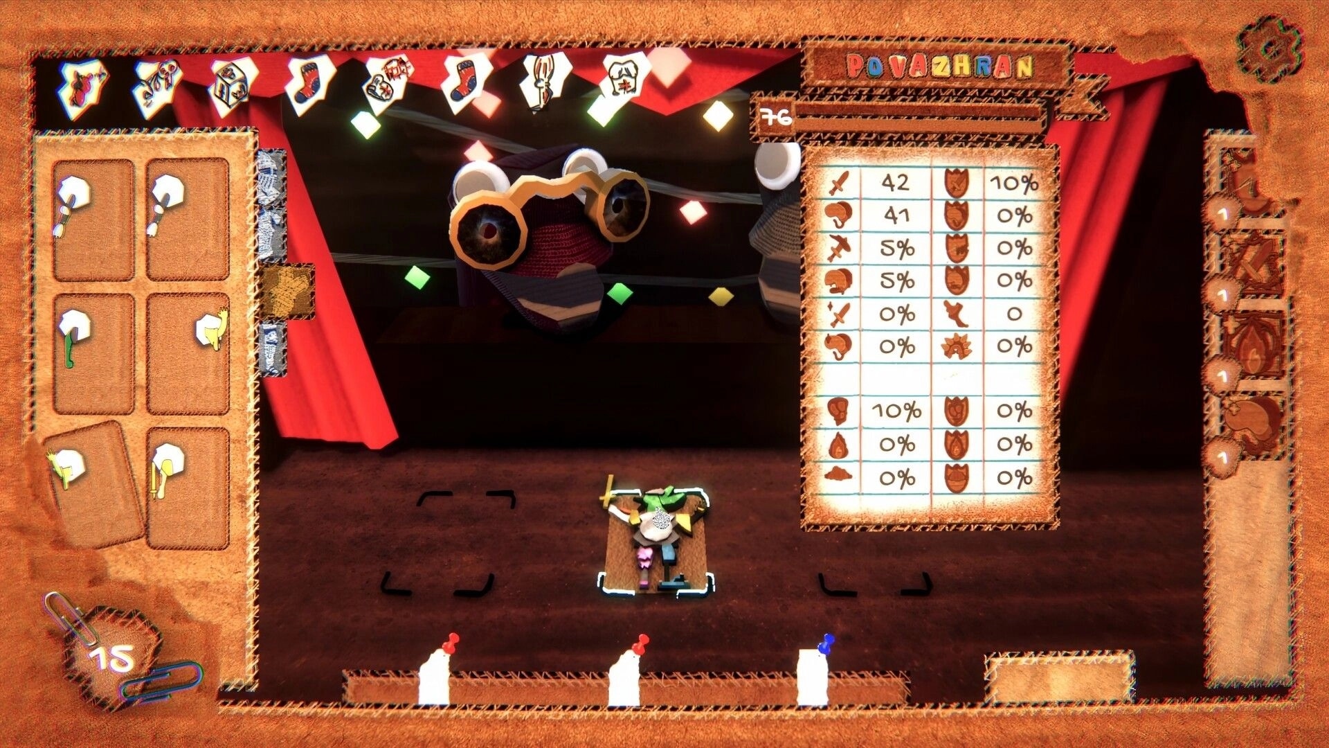 STACK'EM!: Creature card creation on stage with red curtains and detailed stats menu displayed