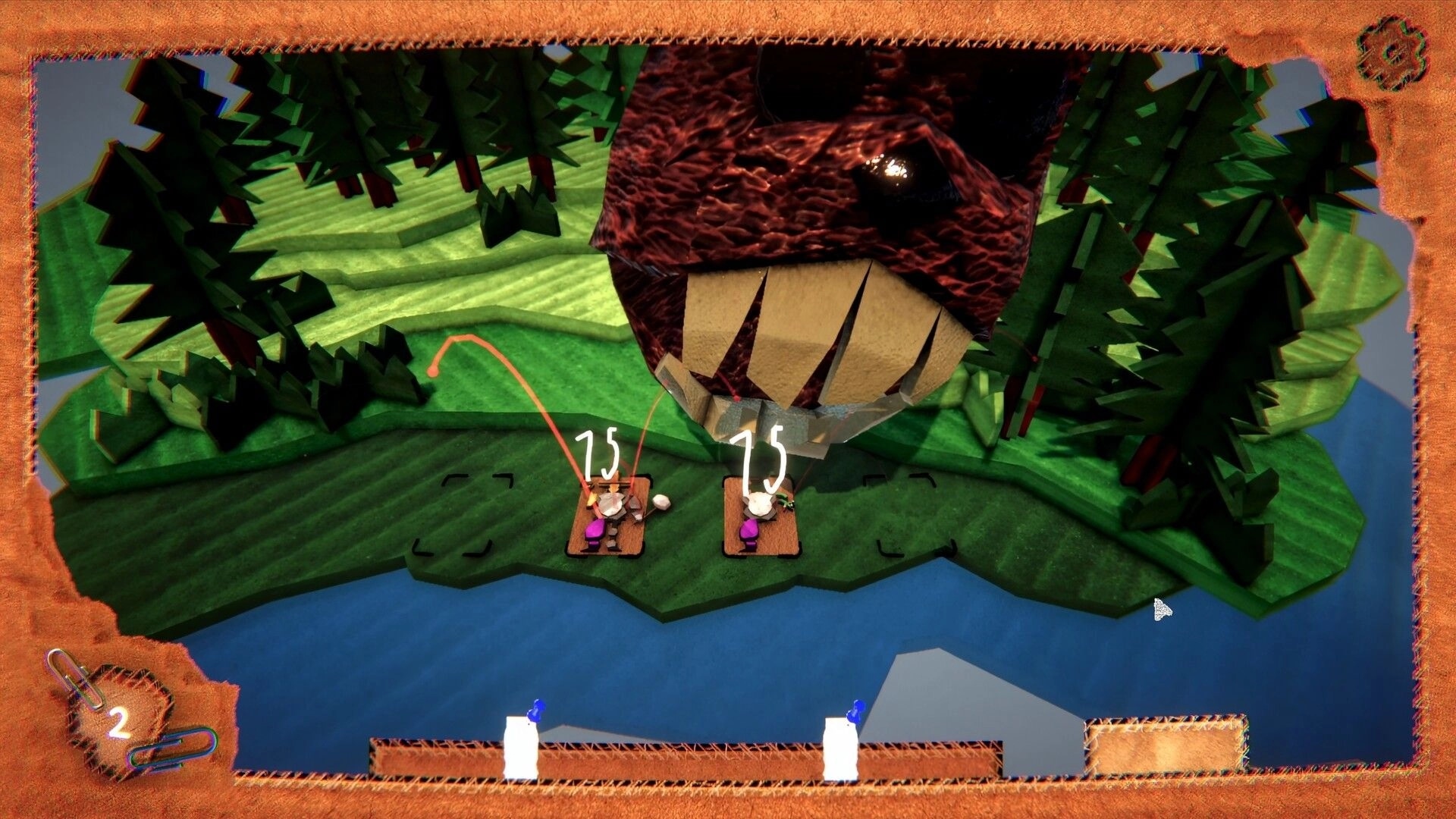 STACK'EM!: Two toy figures with health bars battle a giant creature in a forested paper landscape.