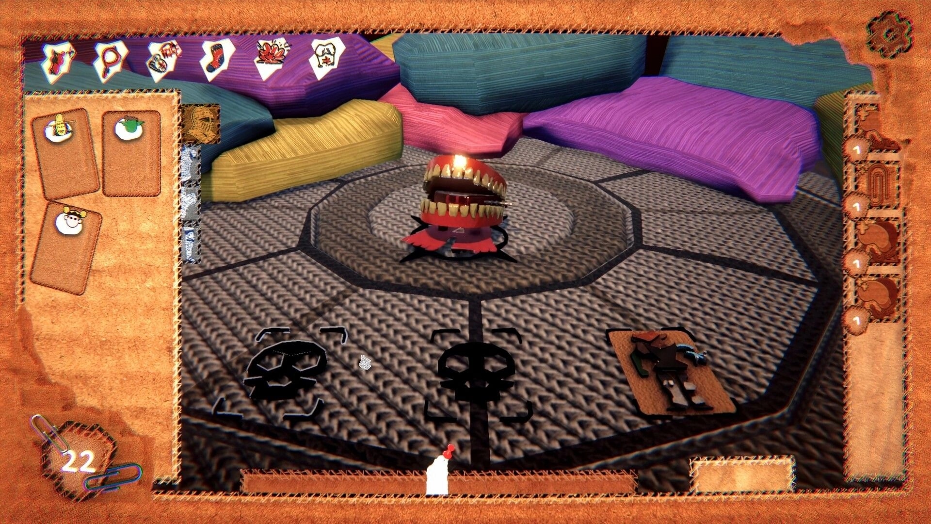 STACK'EM!: Toothy creature on textured arena with card deck and action icons in vibrant toy setting.